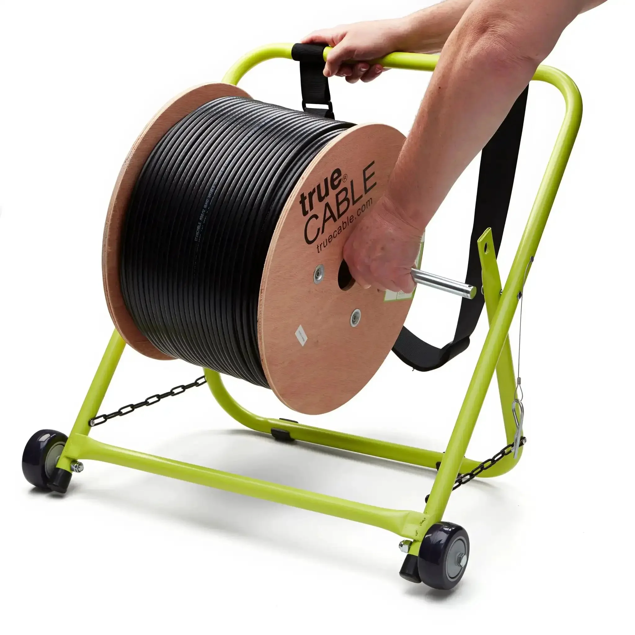 Industrial Wire And Cable Caddy With Wheels And Pull Strap Heavy Duty Steel Dispenser For Reels Up To 20 Inch Diameter And 100 Pound Capacity Built For Job Sites With Rust Resistant Frame And Stable Dual Chain Support - Image 3