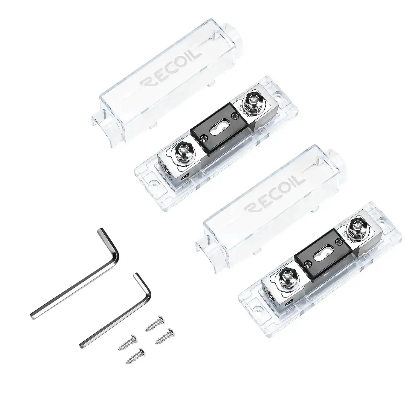 Inline ANL Fuse Holders 150 Amp, Dual Pack With Reducers, 0/2/4 Gauge In And Out, Includes 2 X 150A Fuses, Zinc Die Cast, Marine Grade Satin Chrome Finish, High Temp Polycarbonate Base