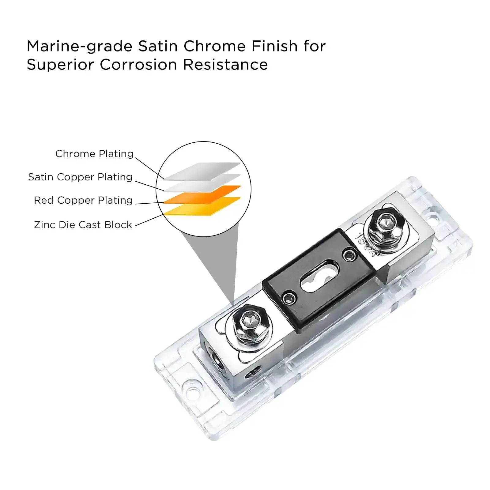 Inline ANL Fuse Holders 150 Amp, Dual Pack With Reducers, 0/2/4 Gauge In And Out, Includes 2 X 150A Fuses, Zinc Die Cast, Marine Grade Satin Chrome Finish, High Temp Polycarbonate Base - Image 6