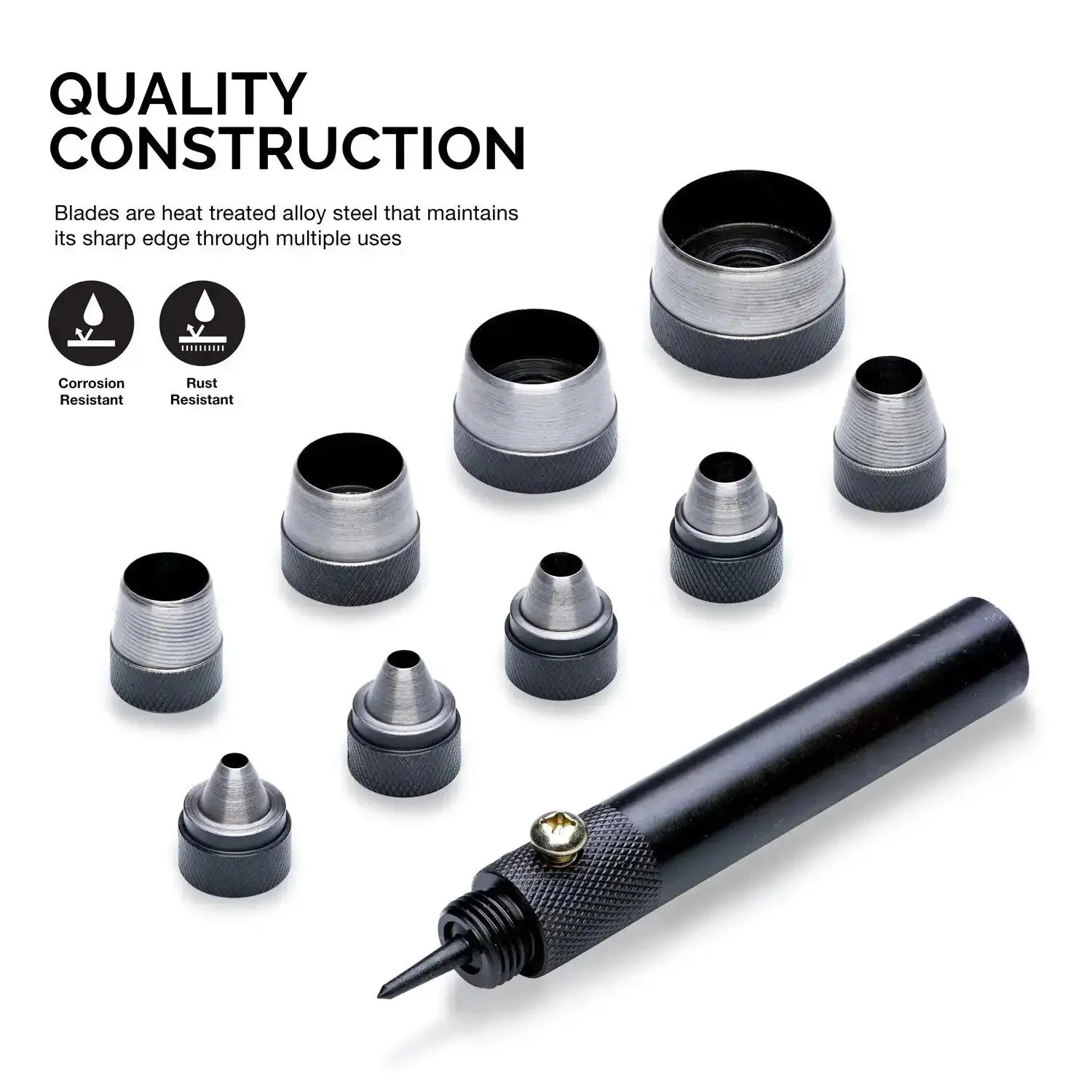 Interchangeable Large Hollow Hole Punch Tool Set, 10 Piece for Gasket Making and Leather Punching, Heavy Duty Pro Grade Punch Kit with Carrying Case, Precise Steel Punches and Pilot Tip Drive Handle - Image 8