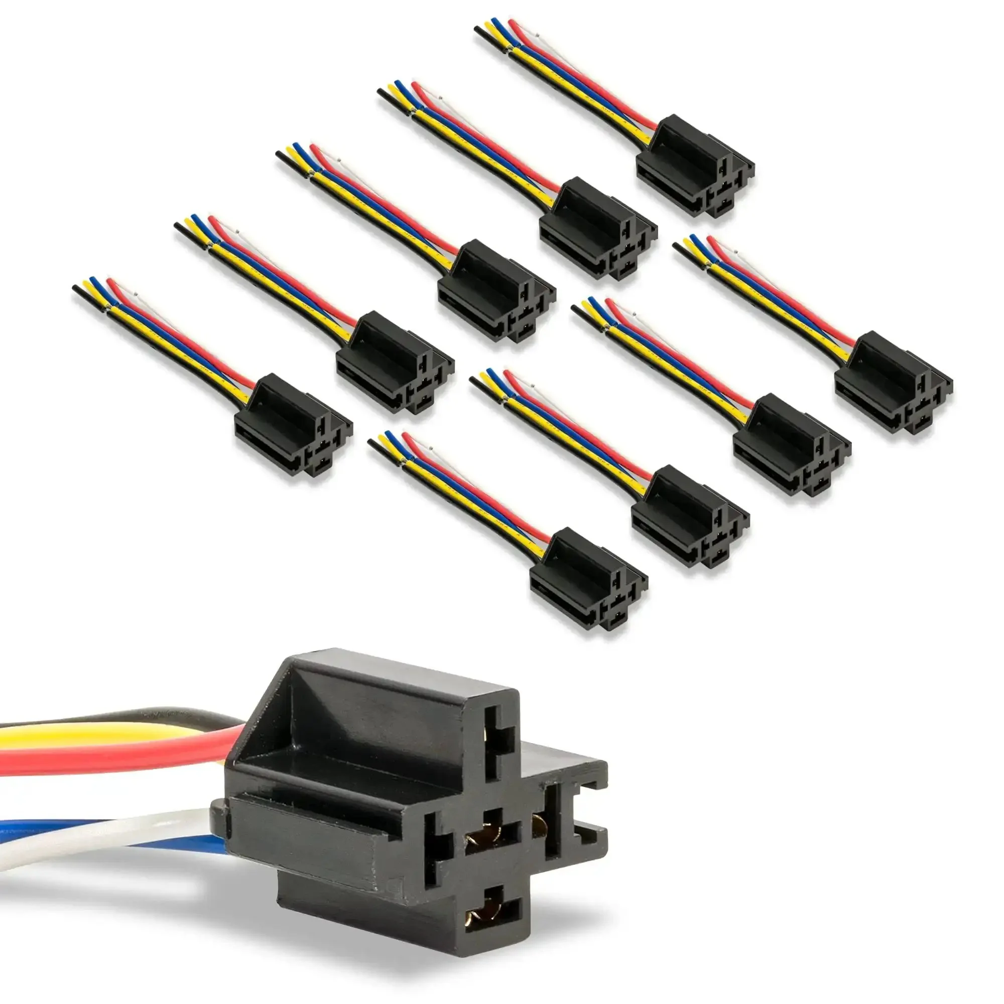 Interlocking Relay Socket Harness Base Kit For 12V DC 5 Pin SPDT Relays With 14 AWG Main Wires And 6 Inch Prewired Pigtails Bosch Style 10 Pack Built For Easy Cable Management And Heavy Duty Wiring