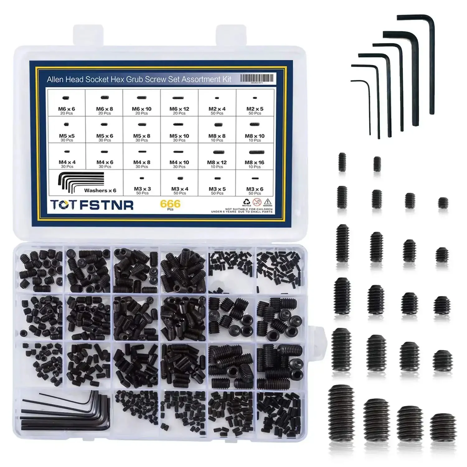 Internal Hex Drive Cup Point Screws Kit With 22 Sizes M2 To M8, 666 Pcs, 12.9 Grade Alloy Steel Black Finish, Set Screws For Door Handles Faucets And Light Fixtures, Deep Threads And Non Slip, Heavy Duty Hardware