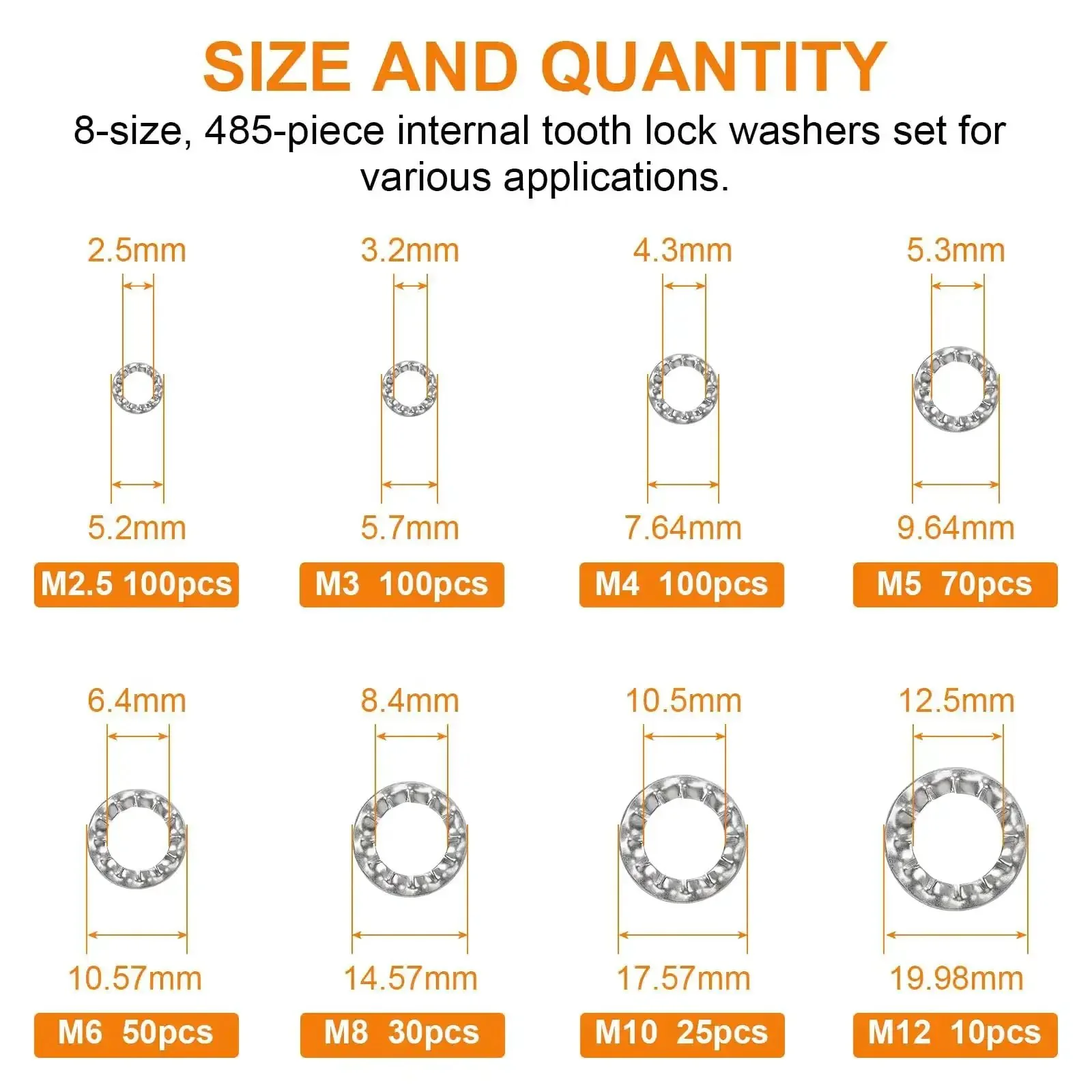 Internal Tooth Star Lock Washers Kit 304 Stainless Steel Assortment With 485 Pieces In 8 Sizes M2.5 To M12 For Anti Loose Fastening In DIY Projects Machinery Automotive And Home Repairs - Image 7