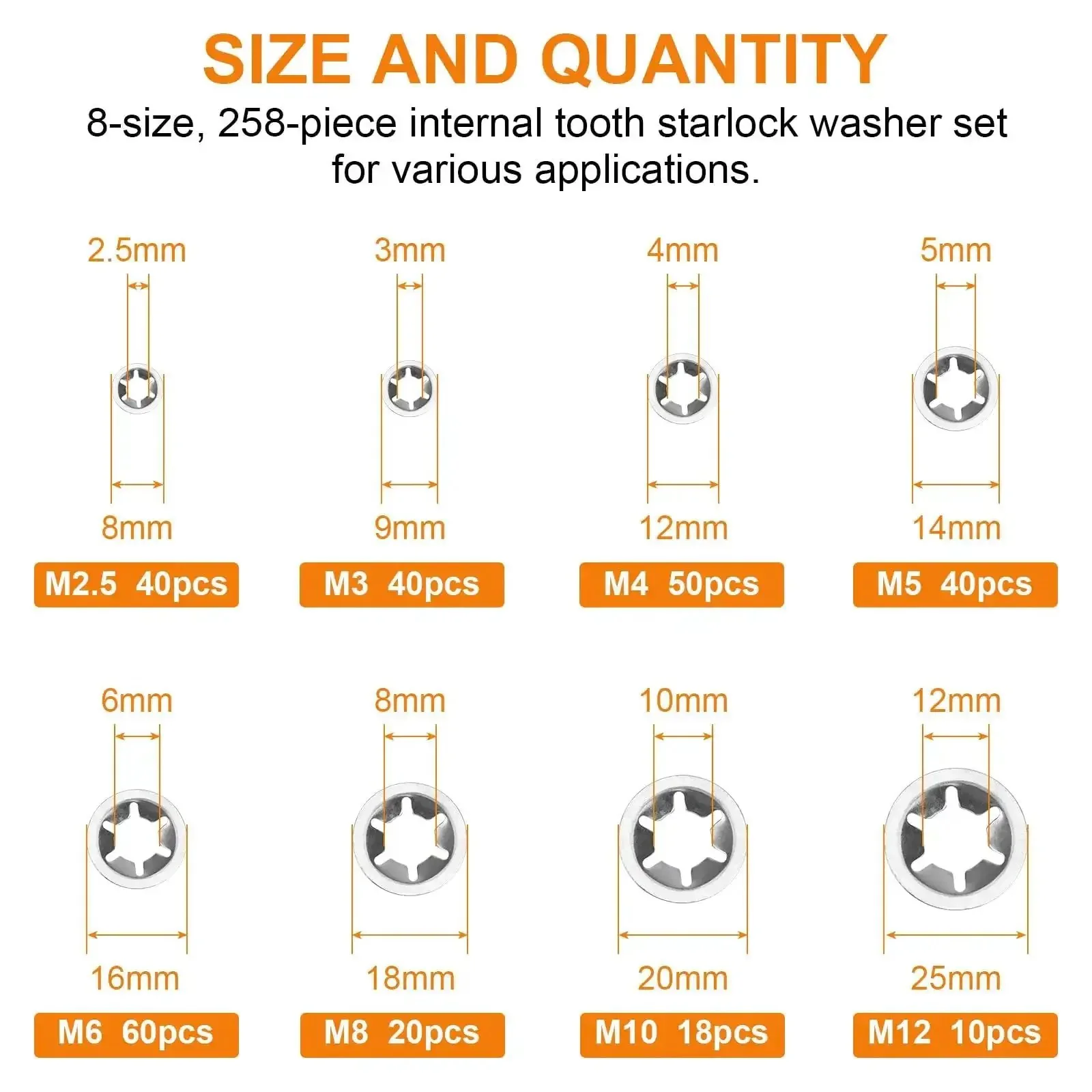 Internal Tooth Star Lock Washers Kit Pack With 258 Pieces In 8 Sizes M2.5 To M12 304 Stainless Steel Quick Lock Washers And Retaining Clips For Fasteners And Gear Builds Pro Grade - Image 7