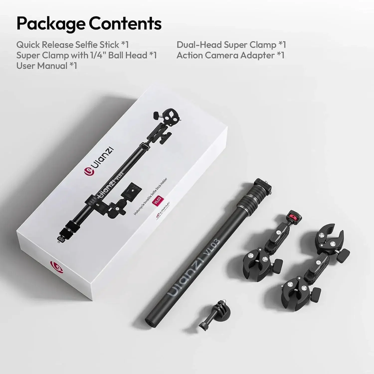 Invisible Quick Release Selfie Stick Motorcycle Mount Kit With 40 Inch Adjustable Extension Pole And Dual Head Clamp For Insta360 GoPro DJI Osmo Action Cameras, Stable On High Speed Rides - Image 2