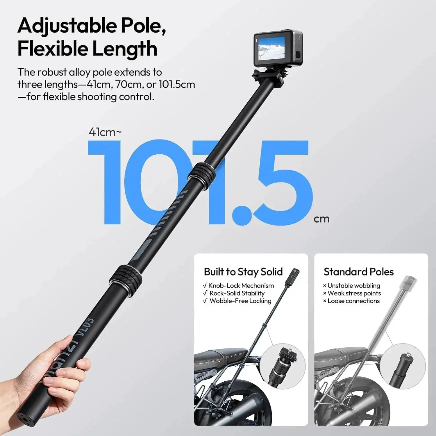 Invisible Quick Release Selfie Stick Motorcycle Mount Kit With 40 Inch Adjustable Extension Pole And Dual Head Clamp For Insta360 GoPro DJI Osmo Action Cameras, Stable On High Speed Rides - Image 4