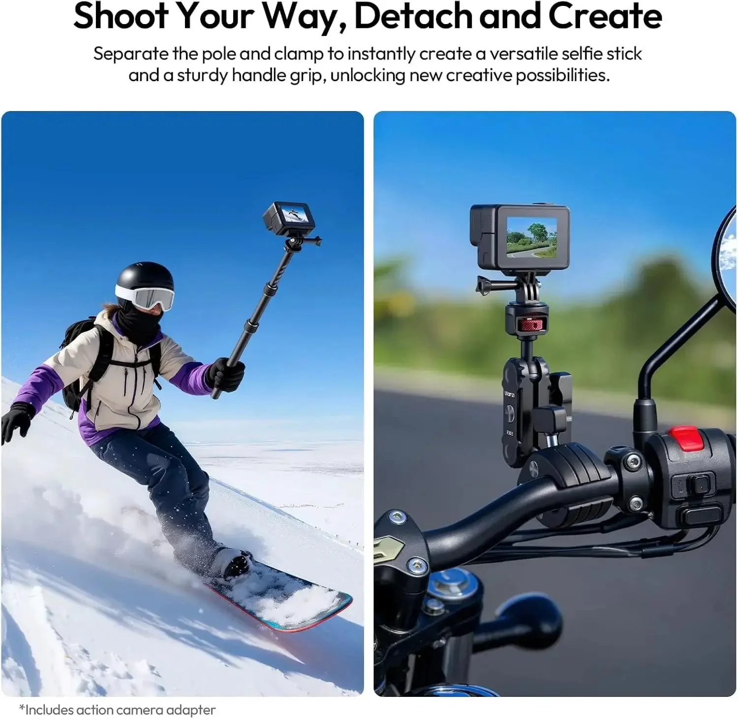 Invisible Quick Release Selfie Stick Motorcycle Mount Kit With 40 Inch Adjustable Extension Pole And Dual Head Clamp For Insta360 GoPro DJI Osmo Action Cameras, Stable On High Speed Rides - Image 5