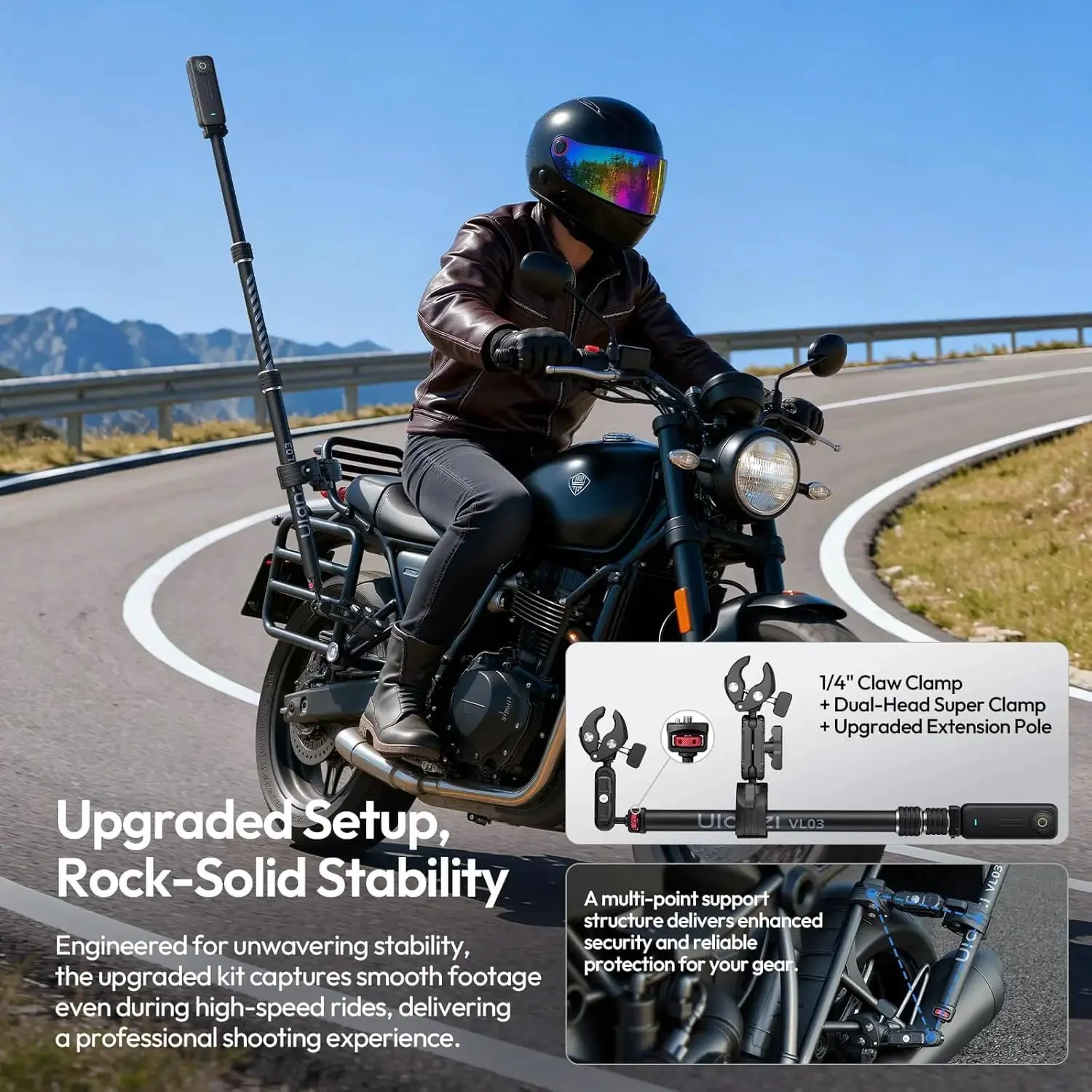 Invisible Quick Release Selfie Stick Motorcycle Mount Kit With 40 Inch Adjustable Extension Pole And Dual Head Clamp For Insta360 GoPro DJI Osmo Action Cameras, Stable On High Speed Rides - Image 8