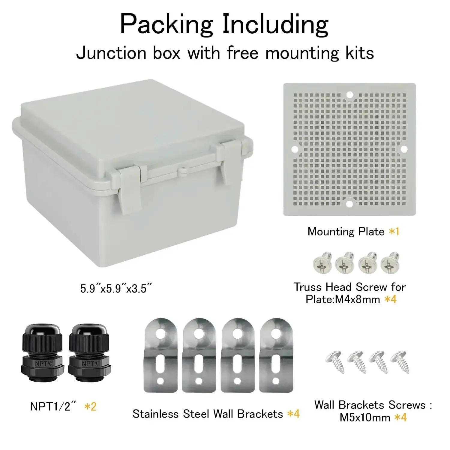 IP65 Waterproof Outdoor Junction Box With Hinged Lid, ABS Plastic Project Box, Universal Enclosure Includes Mounting Plate, Wall Brackets And Cable Glands, Internal 5.2 x 5.2 x 3.3 Inches - Image 4
