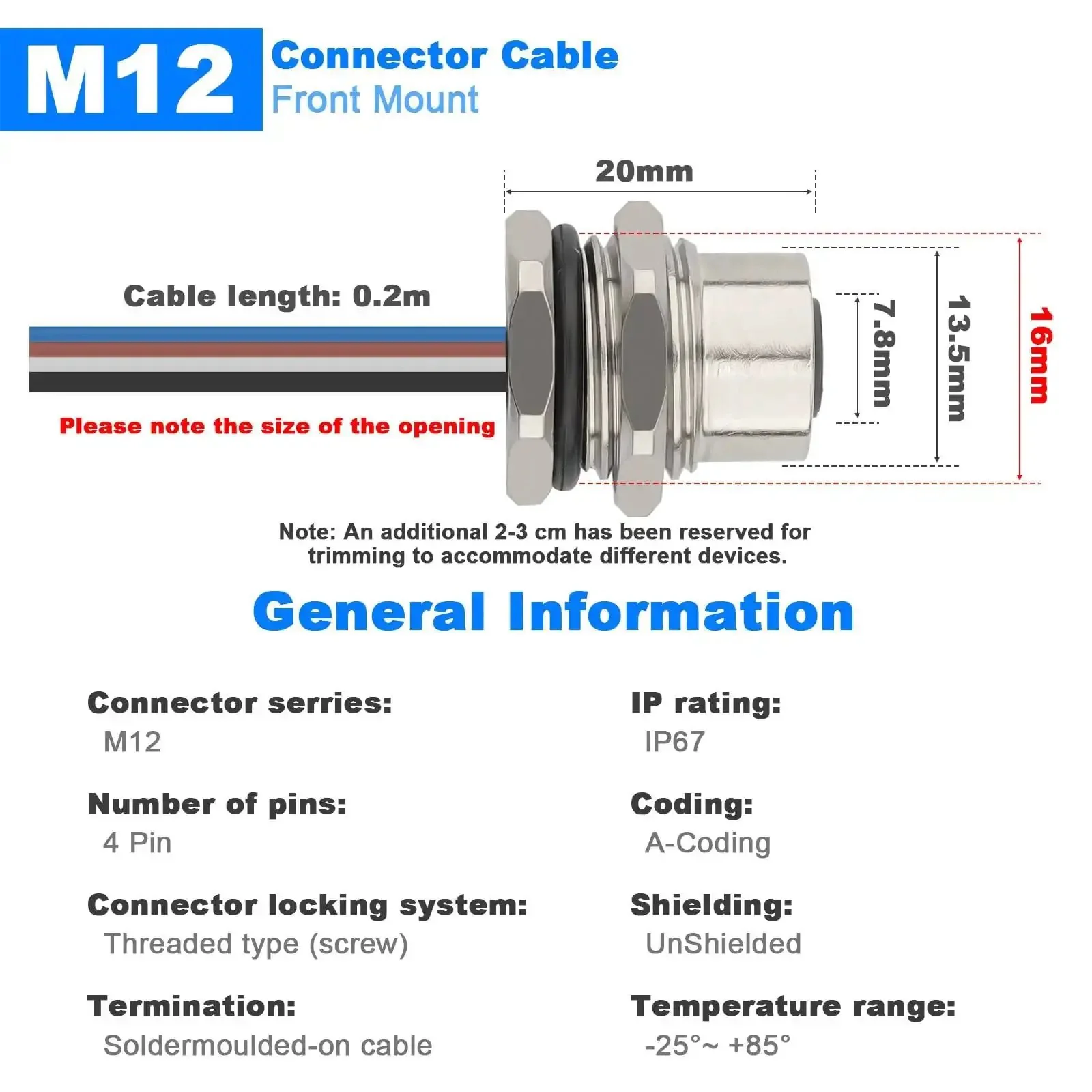 IP67 Waterproof M12 4 Pin A Coded Female Bulkhead Connector Cable 0.2M 2 Pack For Automation Sensor Receptacle And Signal Transmission In Rugged Industrial And Outdoor Environments - Image 3
