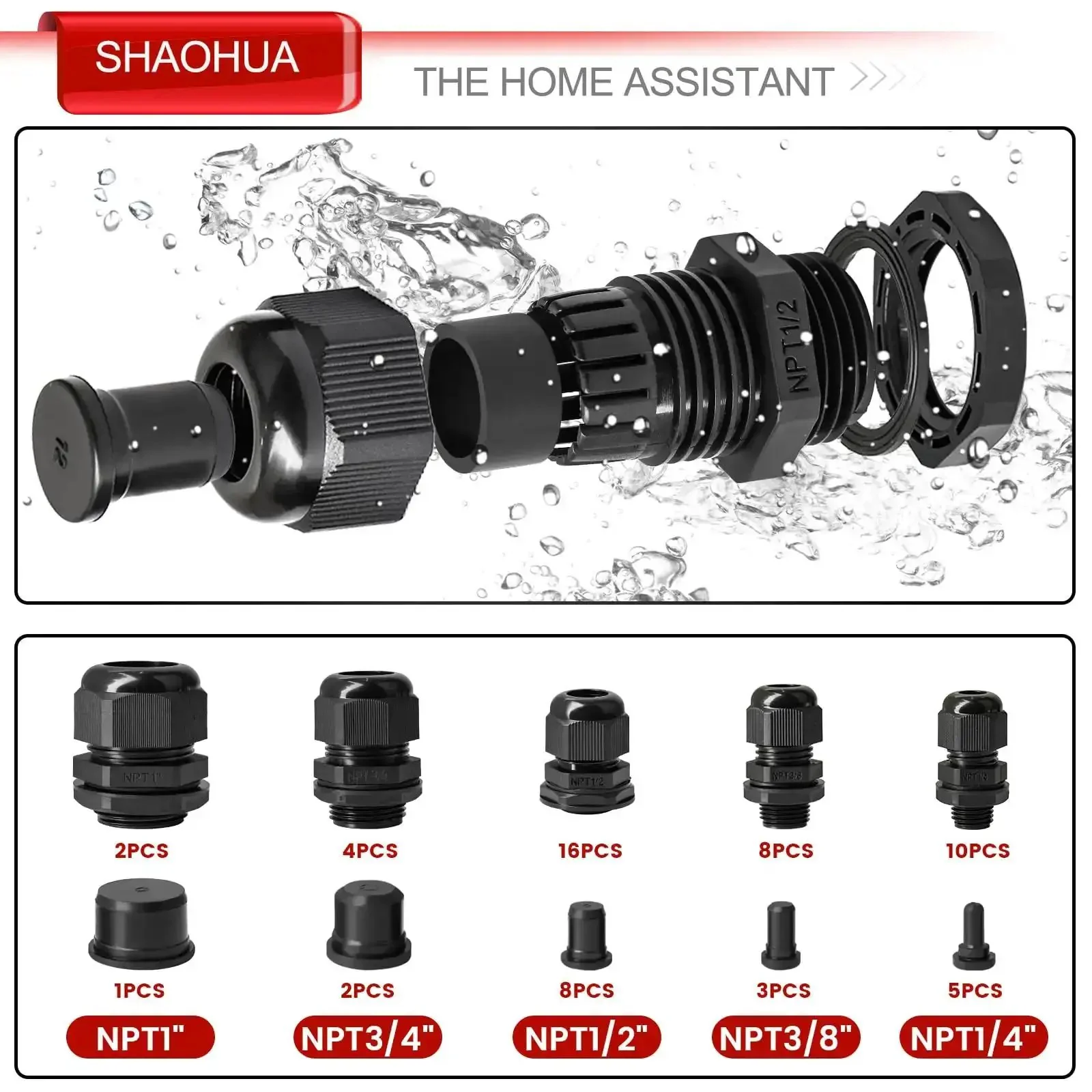 IP68 Waterproof Cable Gland Kit With 40 Pieces And Five NPT Sizes One Quarter Inch Three Eighths Inch One Half Inch Three Quarters Inch One Inch Plus Nineteen Top Hat Rubber Grommets For Cable Glands Strain Relief Nylon Cord Connector - Image 2