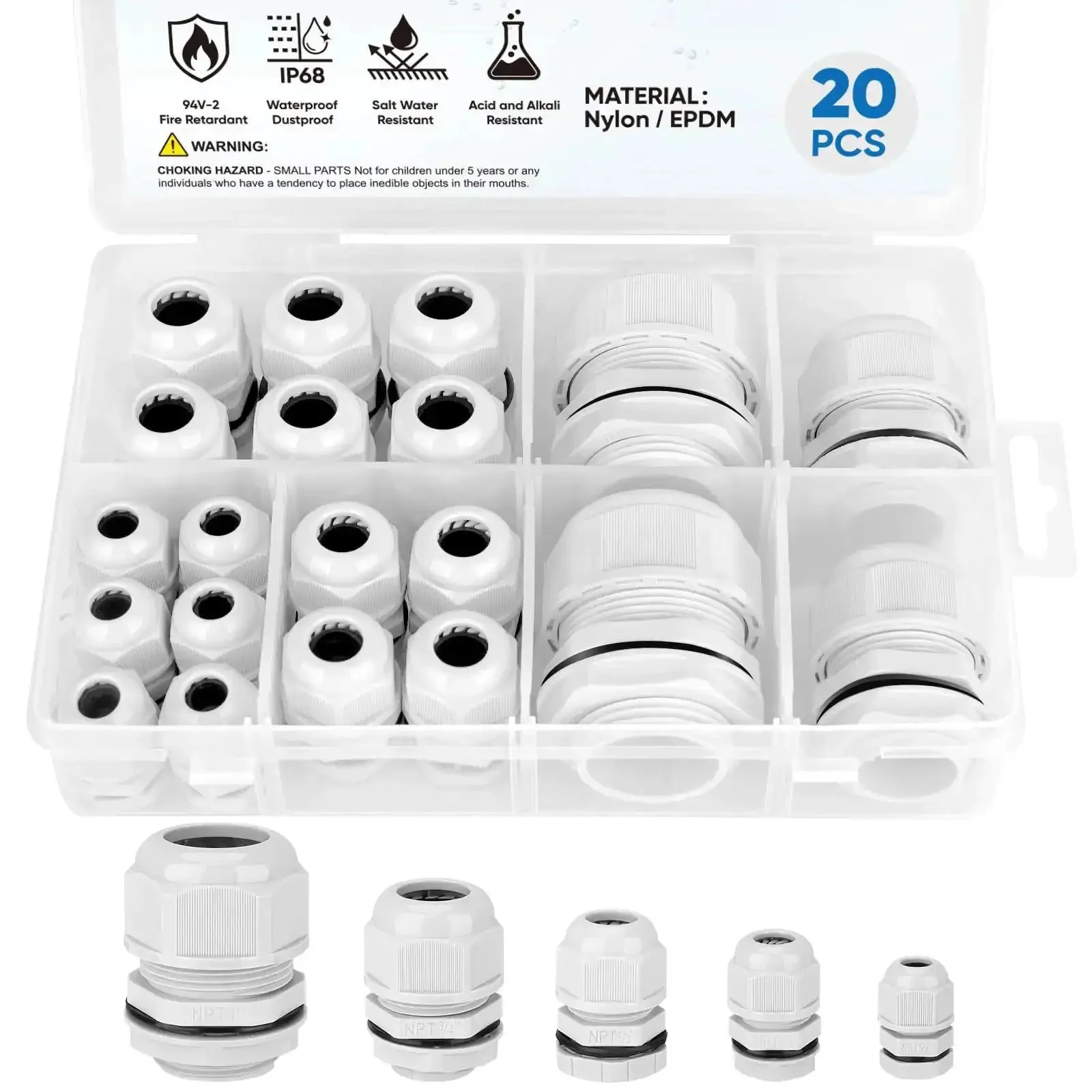IP68 Waterproof Cable Gland Kit With Tough Nylon NPT Adjustable Connectors, 1/4 Inch, 3/8 Inch, 1/2 Inch, 3/4 Inch, 1 Inch, 20 PCS, Gray, Built To Last Seals For Waterproof Junction Boxes, Panels, And Outdoor Electrical Wiring