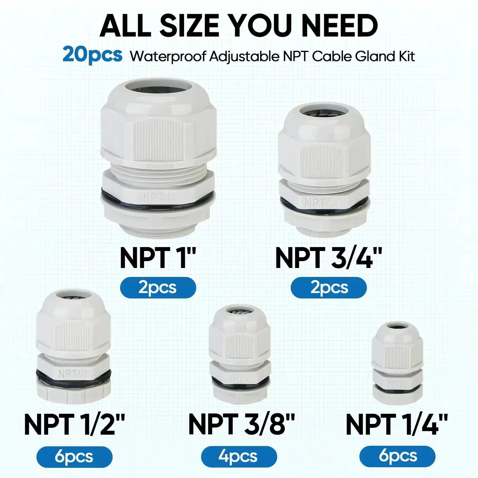 IP68 Waterproof Cable Gland Kit With Tough Nylon NPT Adjustable Connectors, 1/4 Inch, 3/8 Inch, 1/2 Inch, 3/4 Inch, 1 Inch, 20 PCS, Gray, Built To Last Seals For Waterproof Junction Boxes, Panels, And Outdoor Electrical Wiring - Image 5