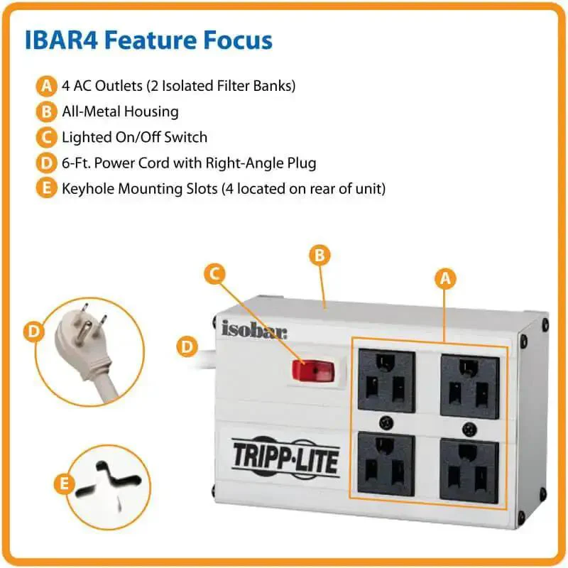 Isobar 4-Outlet Surge Protector Power Strip With 6-Foot Cord Right Angle Plug 3330 Joules Metal Housing Workhorse Grade Heavy-Duty Protection Lifetime Warranty And Fifty Thousand Insurance For Home Office Gear - Image 3
