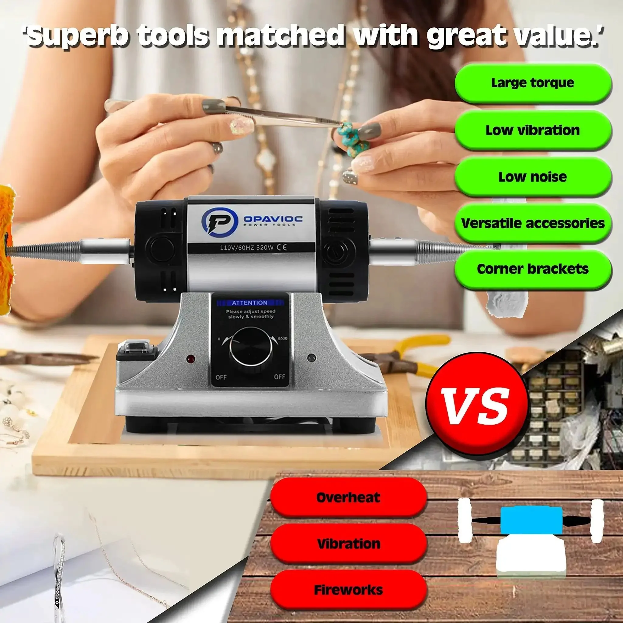 Jewelry Polisher And Buffing Machine With Adjustable Variable Speed Bench Grinder For Jewelry Making And Metal Finishing, Lightweight, Workshop-Ready Tabletop Polisher, Includes 6 Cloth Wheels, 2 Abrasive Fiber Wheels, Safety Glass, Polish Compound - Image 2