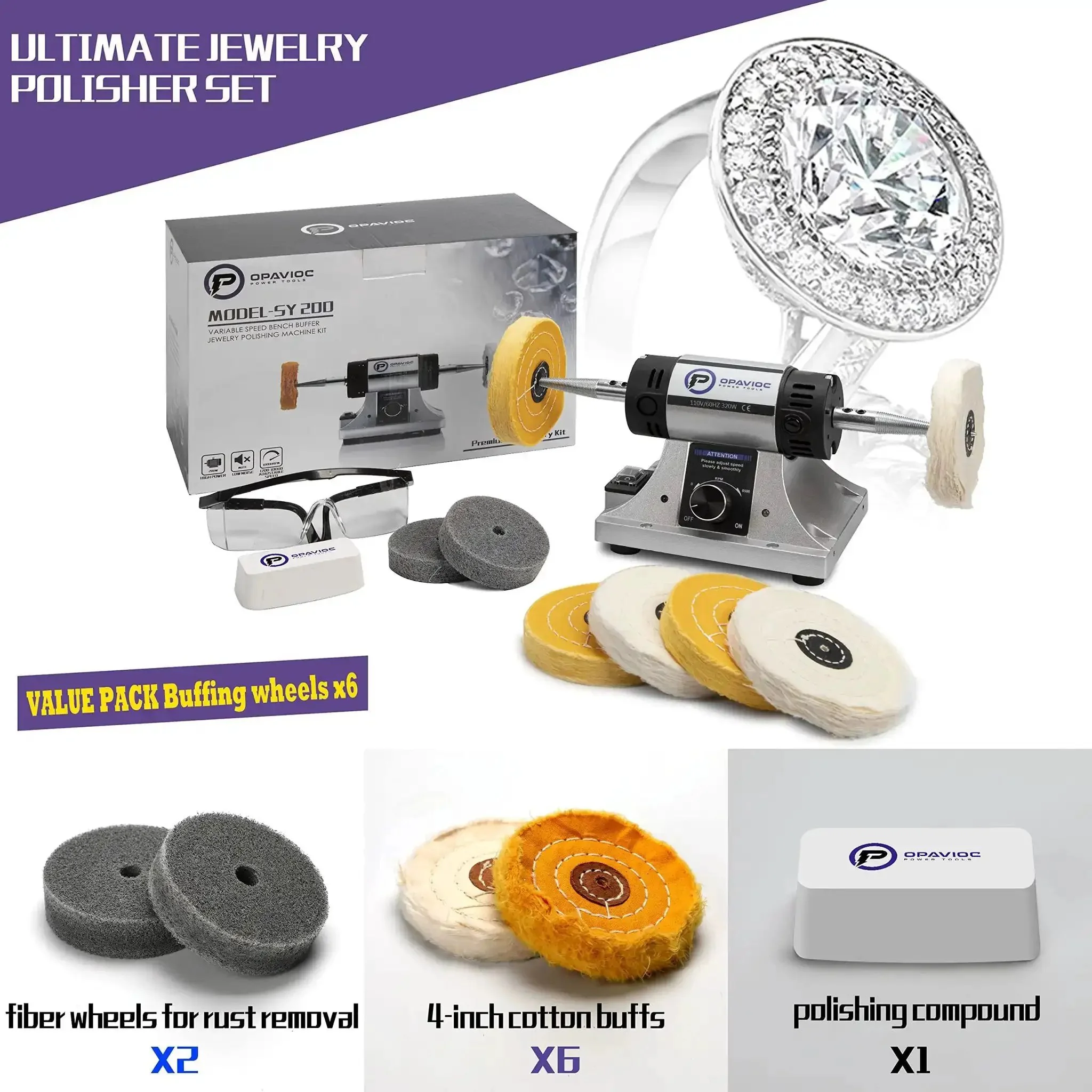 Jewelry Polisher And Buffing Machine With Adjustable Variable Speed Bench Grinder For Jewelry Making And Metal Finishing, Lightweight, Workshop-Ready Tabletop Polisher, Includes 6 Cloth Wheels, 2 Abrasive Fiber Wheels, Safety Glass, Polish Compound - Image 6