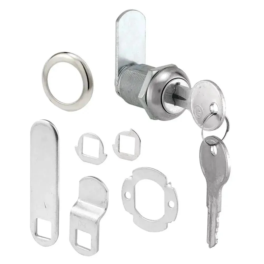 Keyed Alike Diecast Drawer And Cabinet Lock For File Cabinets With 3 Cams, Trim Collar, 2 Washers, 2 Keys And Fasteners - 7/8 Inch Length Fits 9/16 Inch Max Panel Thickness, Stainless Steel Security Lock Set