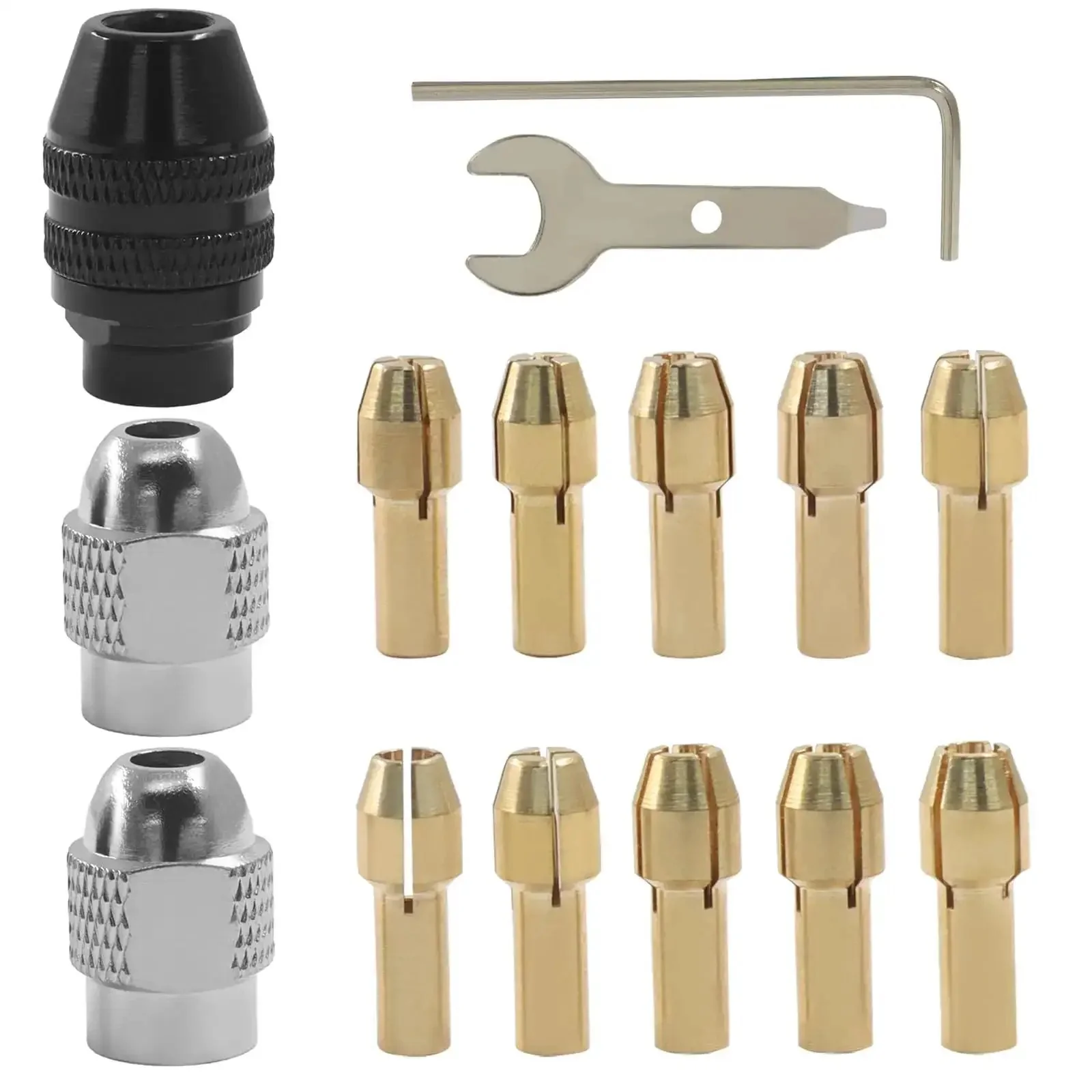 Keyless Drill Chuck Collet Set 15 Piece For Rotary Tools From One Thirty Second Inch To One Eighth Inch Shank No Nonsense Quick Change Adapter Brass Nut Replacement 4485 And 4486 Chucks For Faster Safer Projects