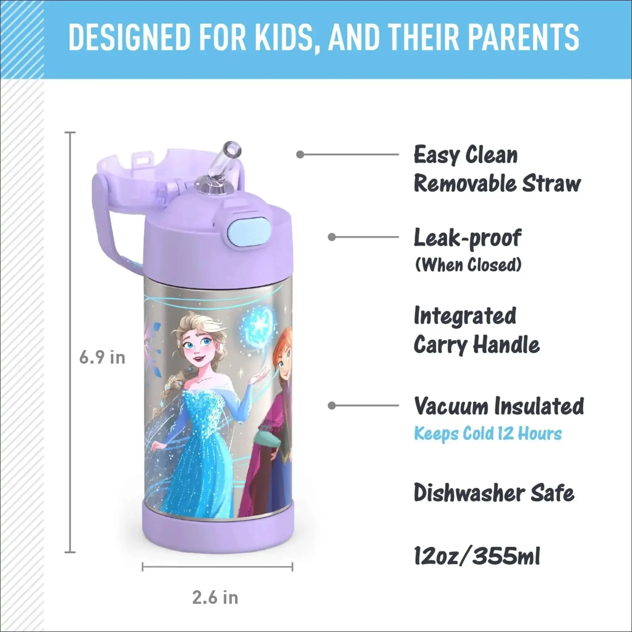 Kids Stainless Steel Water Bottle With Straw And Lid, 12 Ounce Vacuum Insulated Keeps Drinks Cold Up To 12 Hours, Lightweight Durable Metal Bottle With Frozen 2 Design For School And On The Go - Image 7