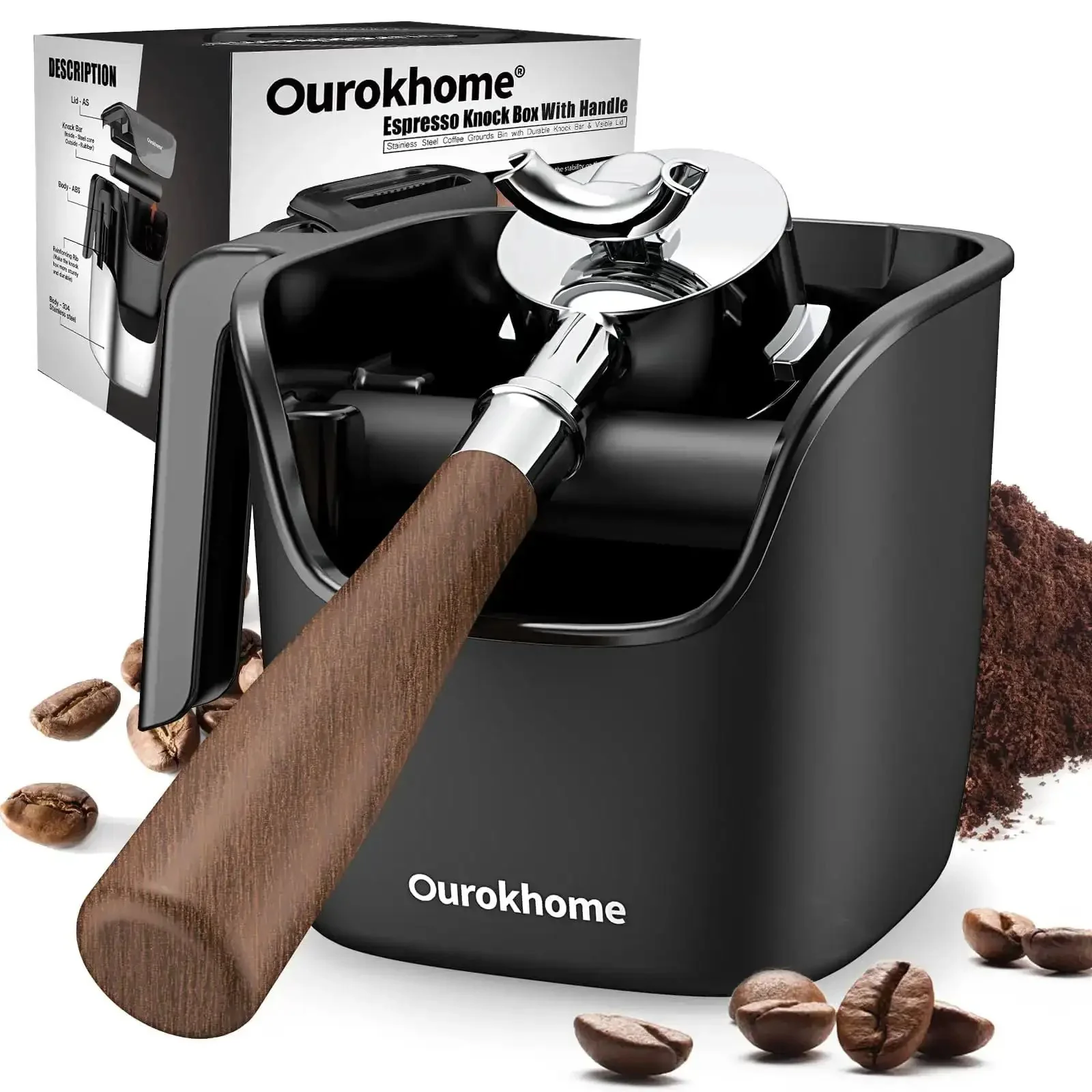 Knock Box For Espresso Grounds, Go To Pro Grade Stainless Steel Barista Tool With Removable Knock Bar, Handle And Lid, Dishwasher Safe, 4.8 Inch, Black, Your Countertops Stay Clean Between Shots