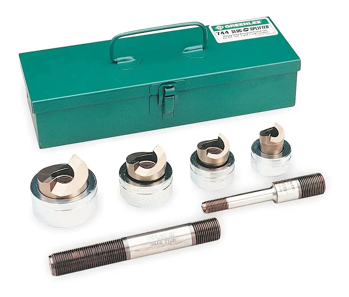 Knockout Kit Hydraulic Punch Driver Set For Conduit And Pipe One Half Inch To One And A Quarter Inch Ten Gauge Stainless Steel Nine Piece Package With Durable Heavy Duty Punch Tools For Precise Holes And Fast Installations