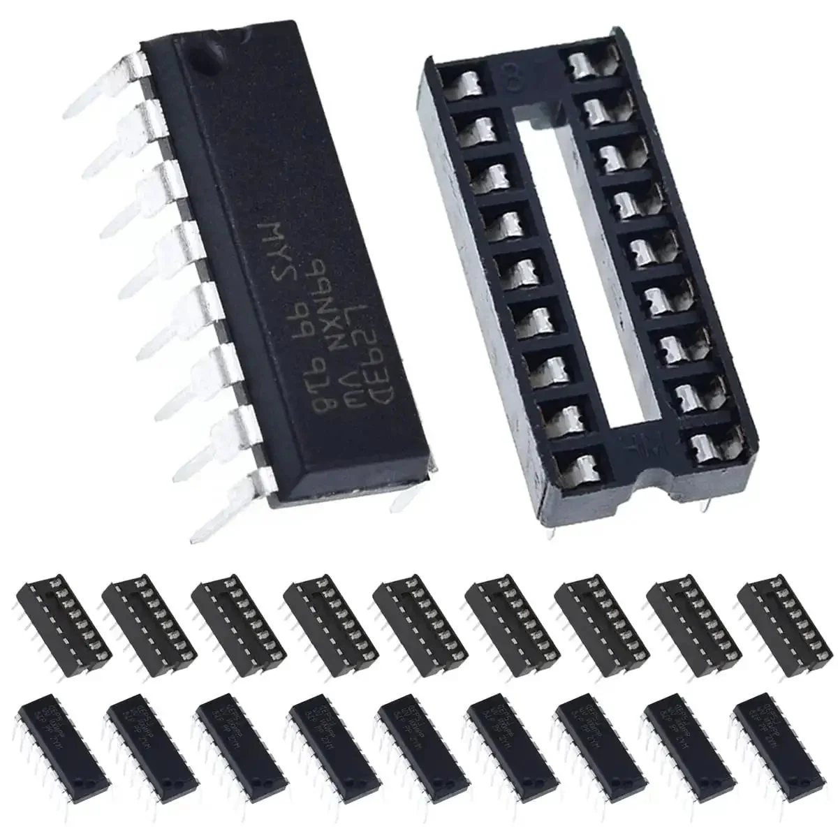 L293D Four Channel Motor Driver Module DIP16 For Arduino DIY Projects 36V Operation, 600mA Per Channel, 1.2A Peak, High Noise Immunity, Includes Ten 16P IC Sockets And Ten Driver Chips