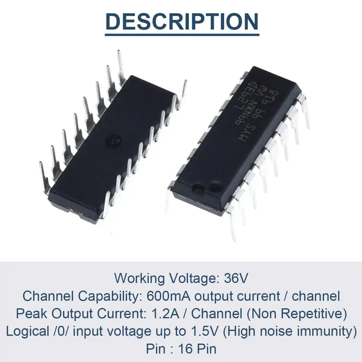 L293D Four Channel Motor Driver Module DIP16 For Arduino DIY Projects 36V Operation, 600mA Per Channel, 1.2A Peak, High Noise Immunity, Includes Ten 16P IC Sockets And Ten Driver Chips - Image 7