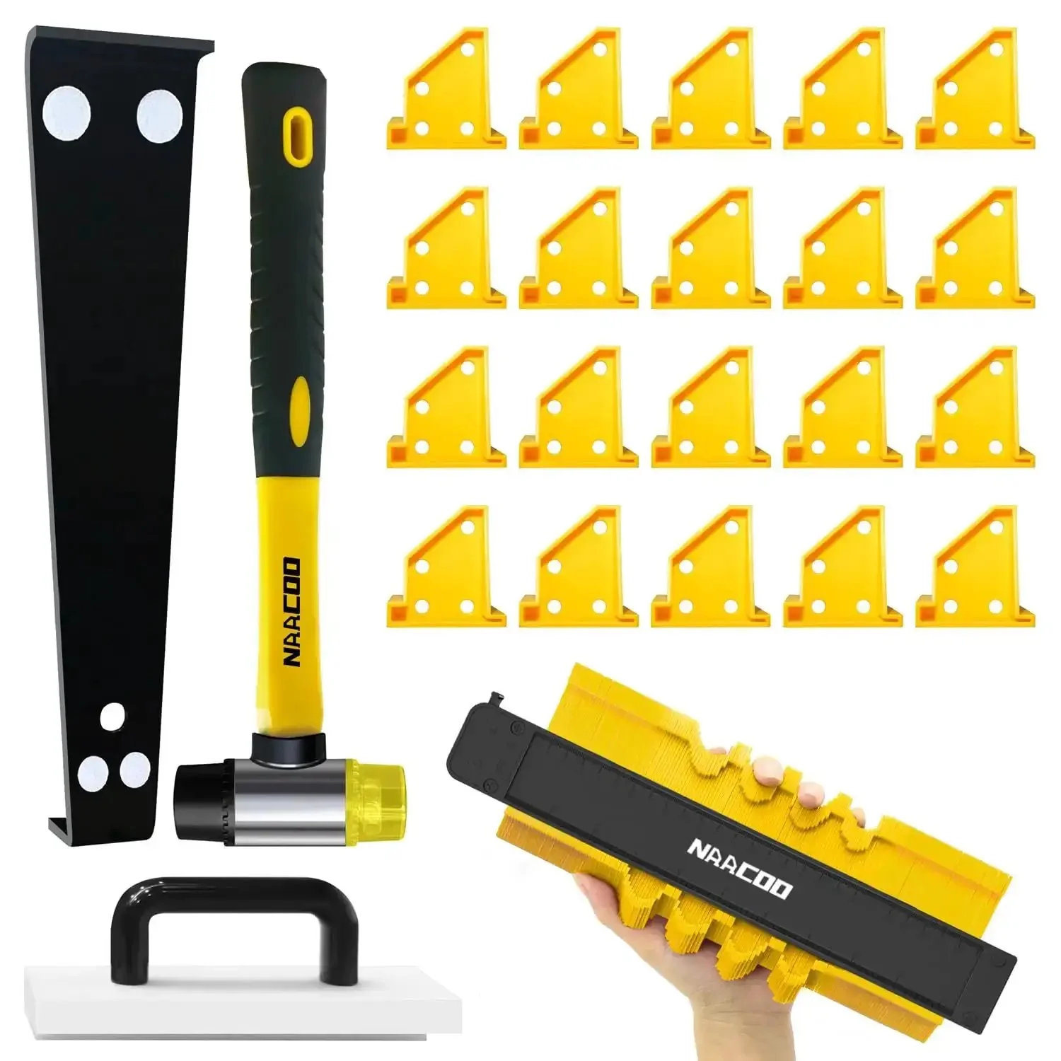 Laminate Flooring Tools Kit For LVP Installation With Contour Gauge Lock Pro Grade Tapping Block With Handle Pull Bar 2 In 1 Spacers 10 Inch Contour Gauge Double Faced Mallet For Easy Accurate Flooring