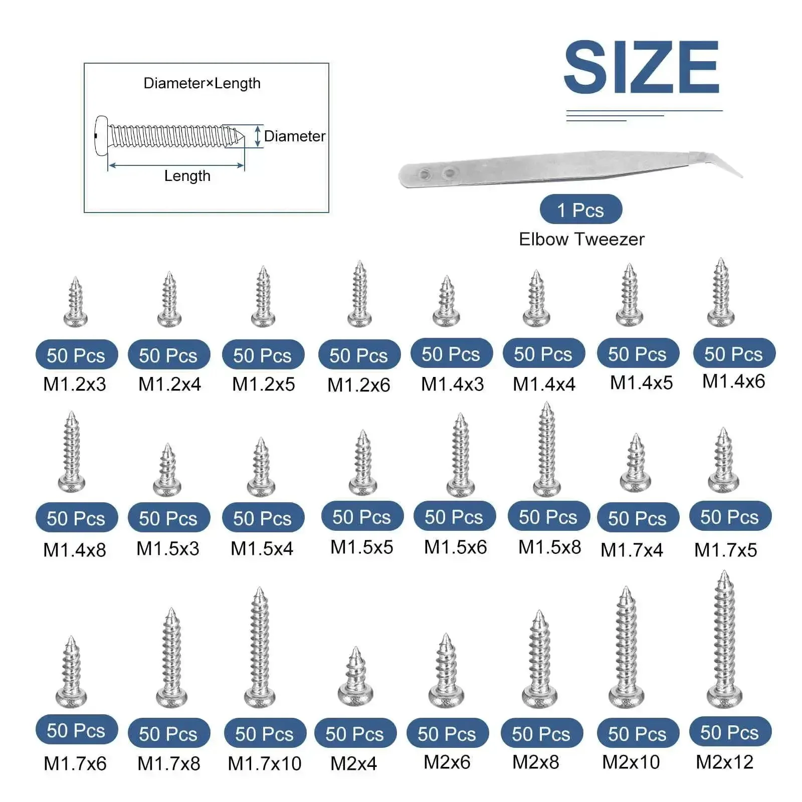 Laptop Repair Screw Kit With 1200 Self Tapping Phillips Screws In M1.2 To M1.7 Sizes Plus Elbow Tweezers Carbon Steel Nickel Plated Silver Finish Pro Grade For Upgrades And Notebook Repairs - Image 5