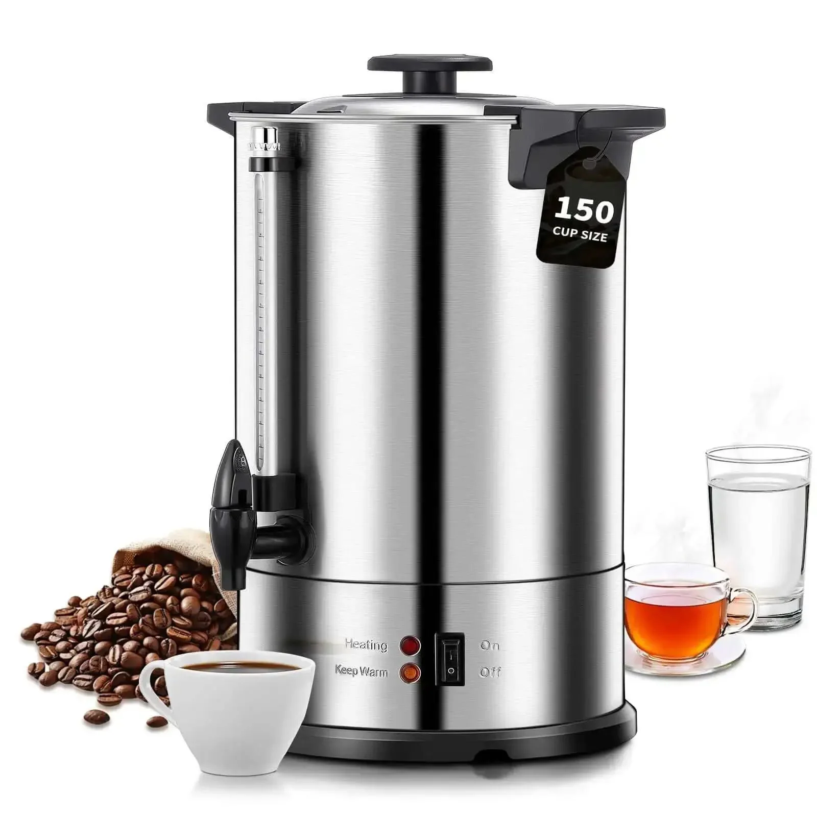 Large-Capacity Commercial Coffee Urn Dispenser 15 L Keeps Beverages Hot, 150 Cups Per Hour Quick Brew With Dripless Faucet, 1500W Power For Catering Office Buffet Party And Events