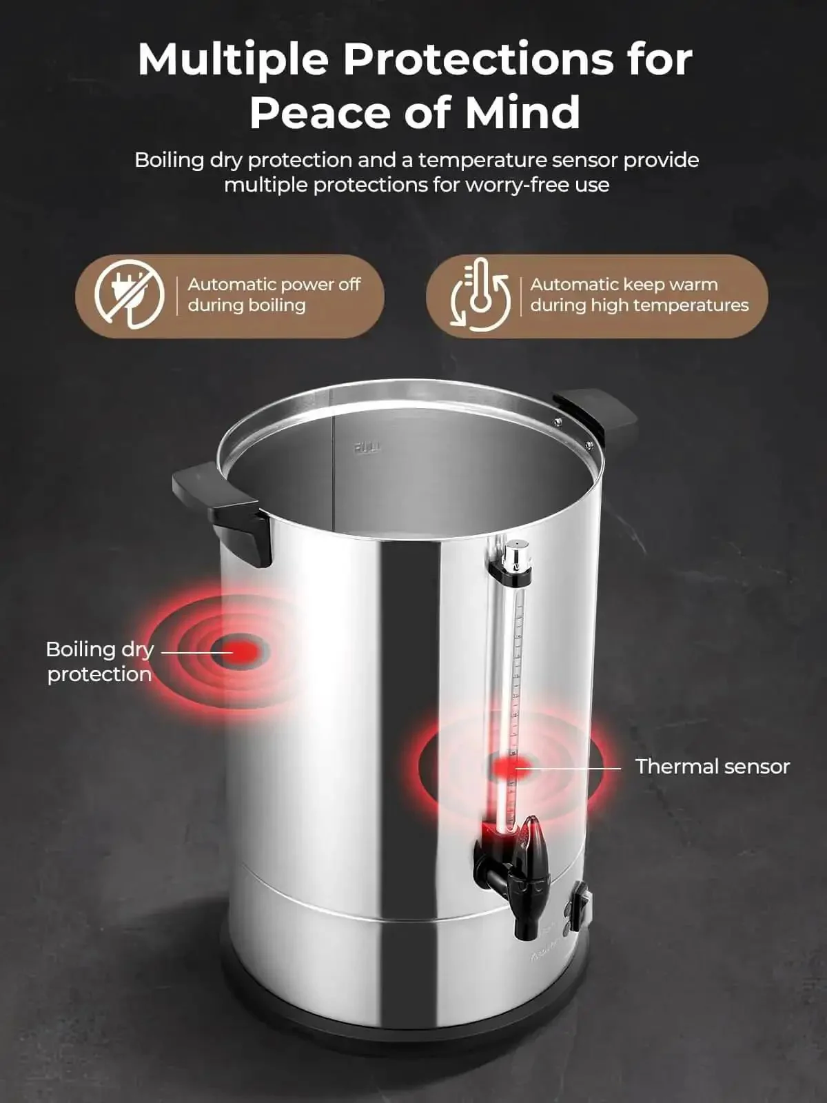Large-Capacity Commercial Coffee Urn Dispenser 15 L Keeps Beverages Hot, 150 Cups Per Hour Quick Brew With Dripless Faucet, 1500W Power For Catering Office Buffet Party And Events - Image 5
