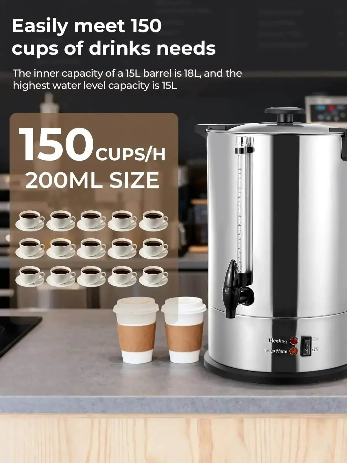 Large-Capacity Commercial Coffee Urn Dispenser 15 L Keeps Beverages Hot, 150 Cups Per Hour Quick Brew With Dripless Faucet, 1500W Power For Catering Office Buffet Party And Events - Image 7
