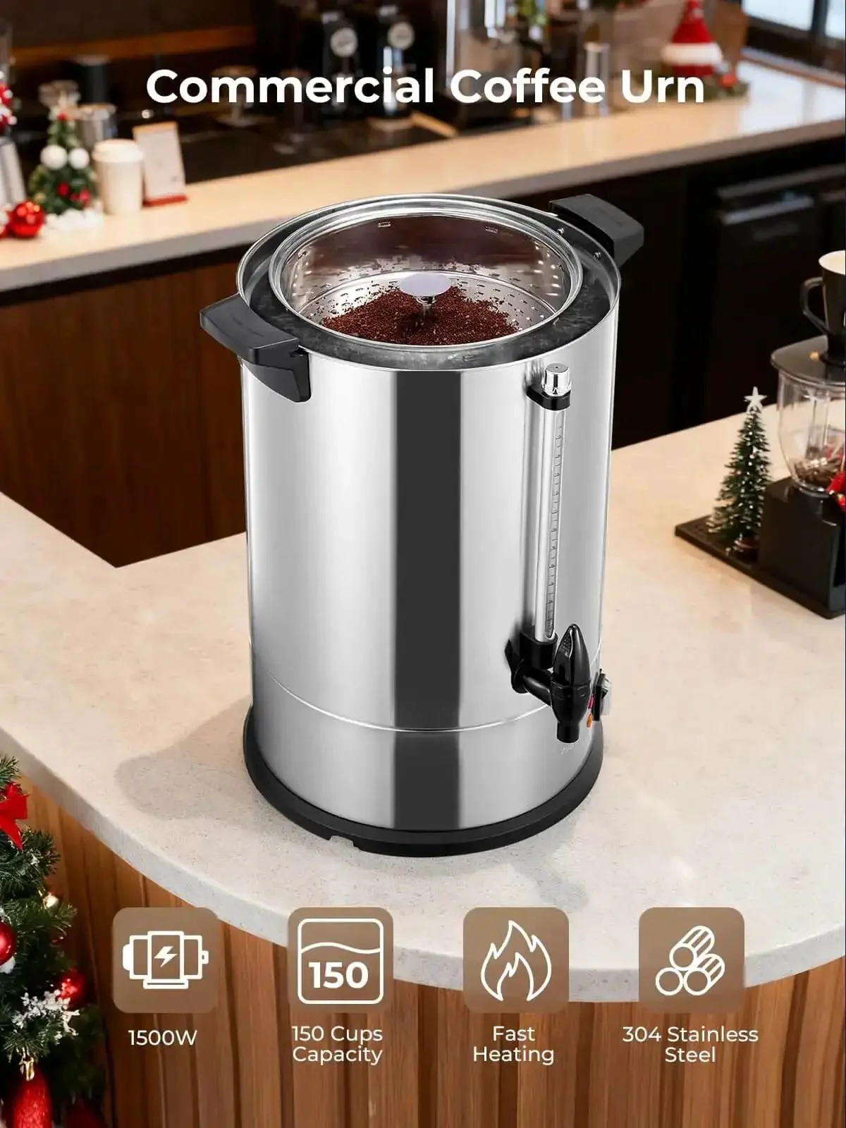 Large-Capacity Commercial Coffee Urn Dispenser 15 L Keeps Beverages Hot, 150 Cups Per Hour Quick Brew With Dripless Faucet, 1500W Power For Catering Office Buffet Party And Events - Image 9