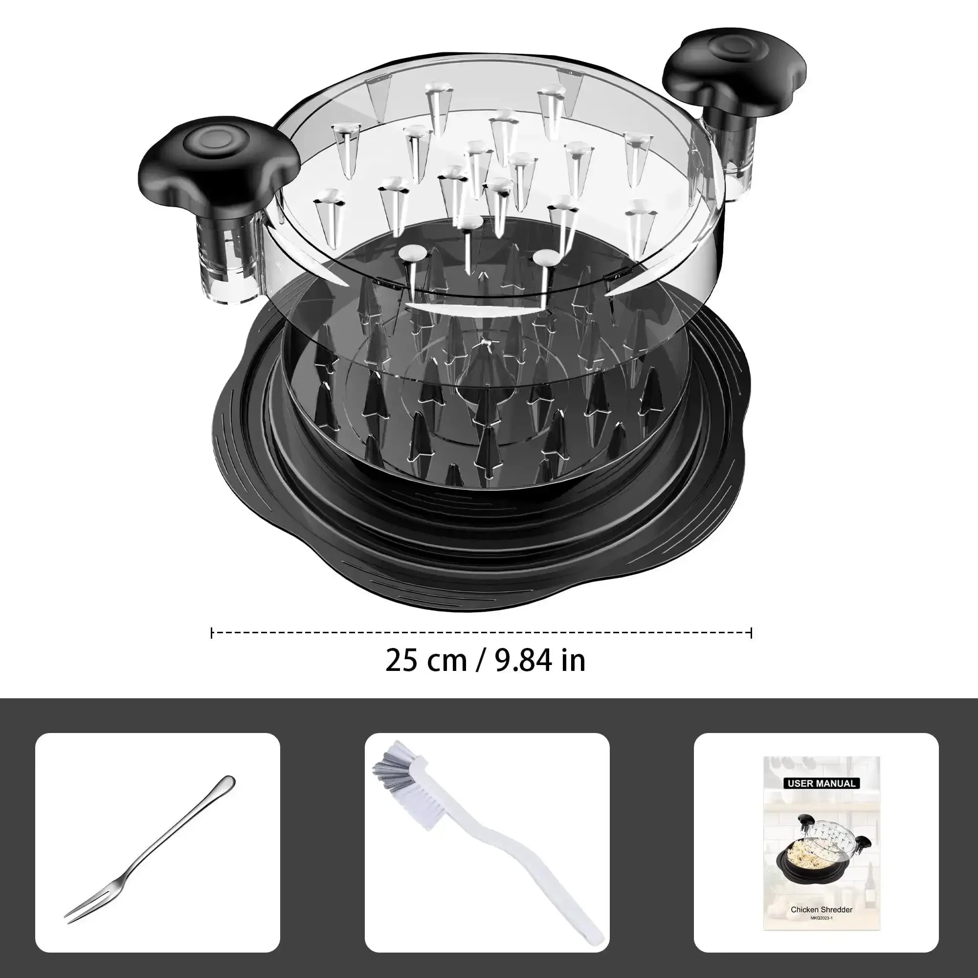 Large Chicken Shredder Tool With Twist, Brush And Fork, Visible Meat Shredder Machine, Anti Slip Strip, Ergonomic Handle, BPA Free, Shreds Chicken Fast And Easy, Great For Pork Beef Chicken, Transparent Lid - Image 2