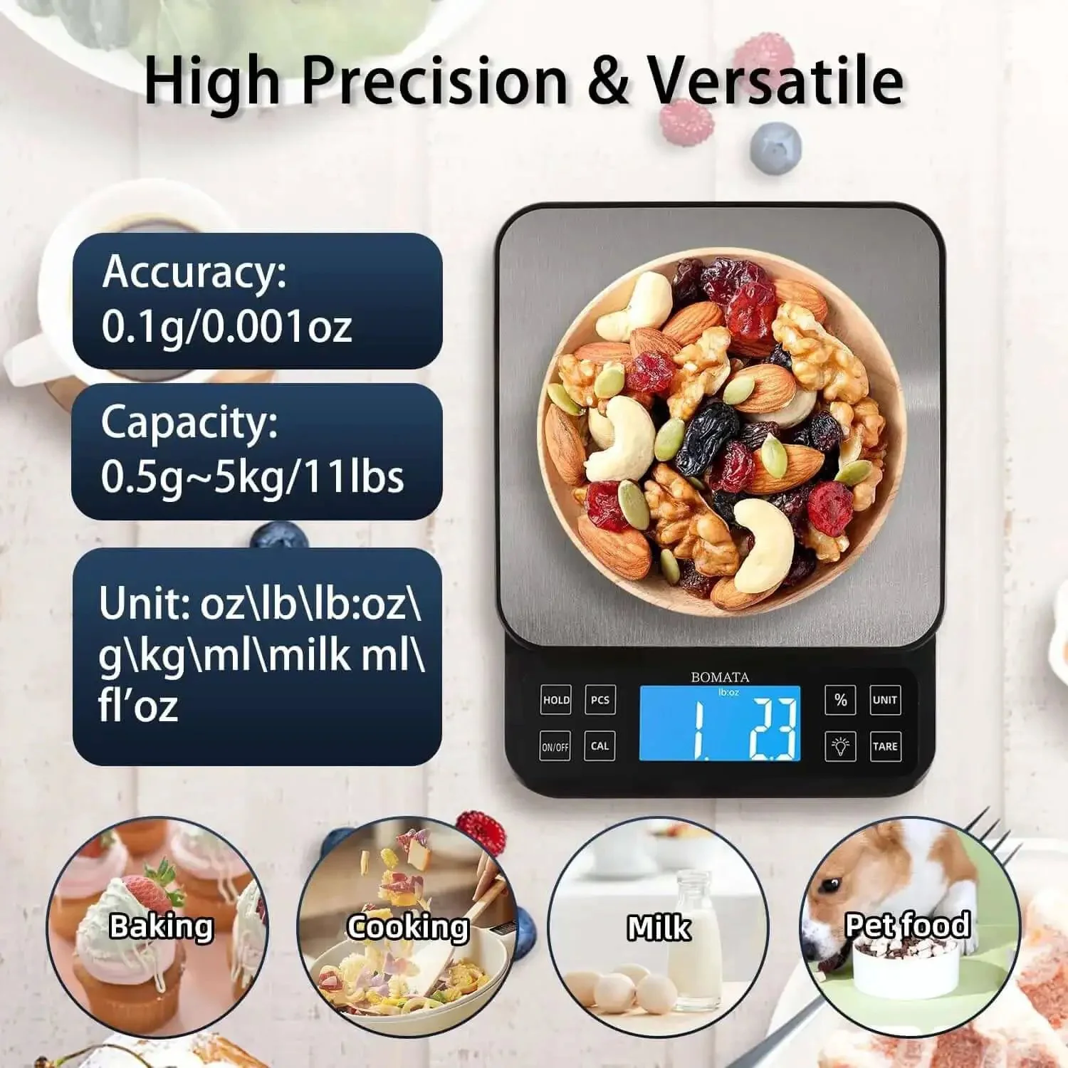 Large Kitchen Scale With 0.1g Precision And 11lb Capacity USB Rechargeable Hold Function Backlit LCD Stainless Steel Pan Big 7.2 By 7.2 Inches Platform Ideal For Bakers With Percentage Mode And Easy Large Item Weighing - Image 6
