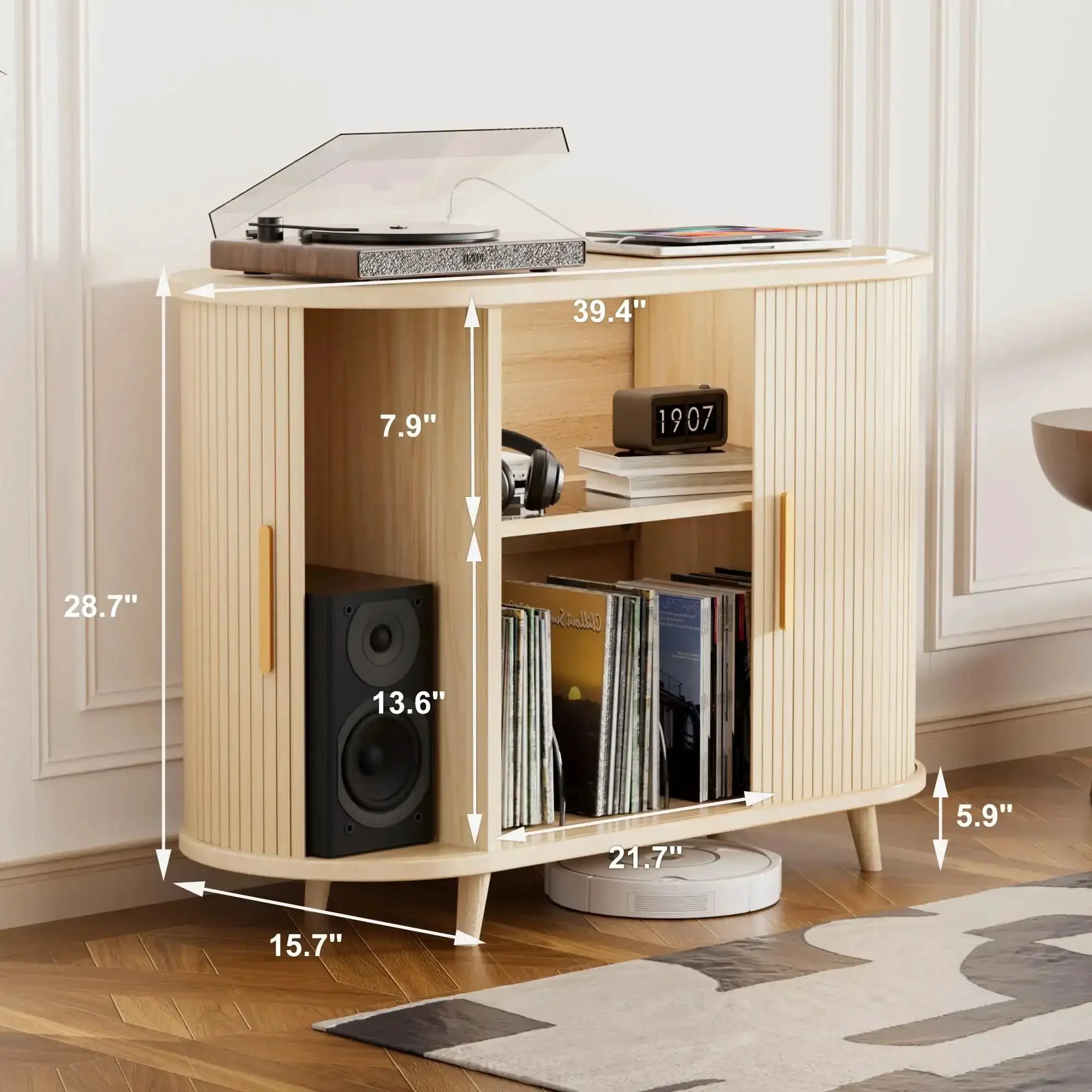 Large Record Player Stand With Power Outlets And Led Lights, Dope Mid Century Modern Media Cabinet For Vinyl Storage Up To 300 Records, Wood Fluted Panels, Open Storage And AV Shelving For Living Room - Image 7