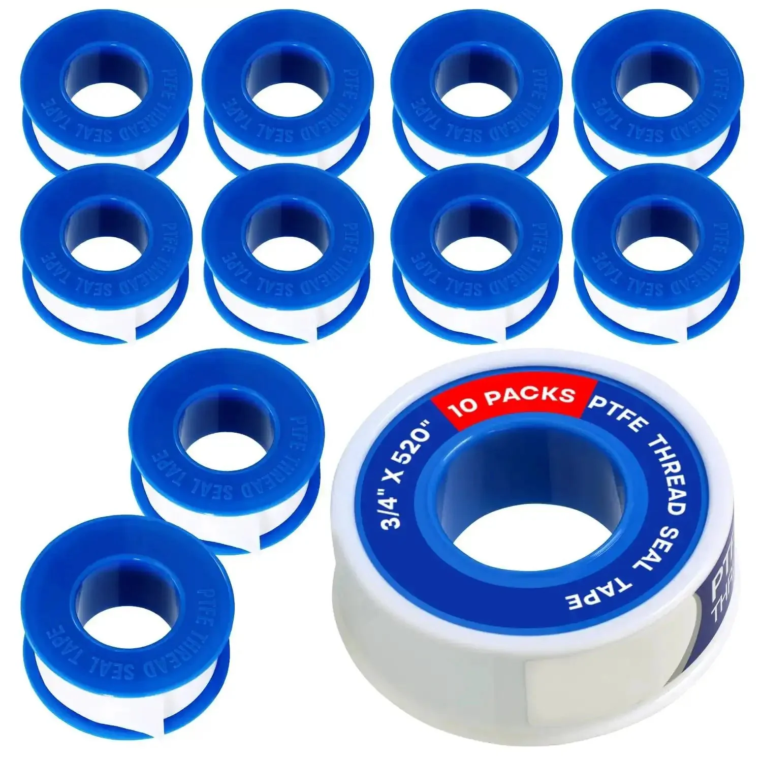 Leak Proof PTFE Thread Seal Tape Set Three Quarters Inch By Five Hundred Twenty Inches Ten Rolls High Density Plumbing Tape For Shower Heads Faucets Pipes And Gas Lines Water Sealant