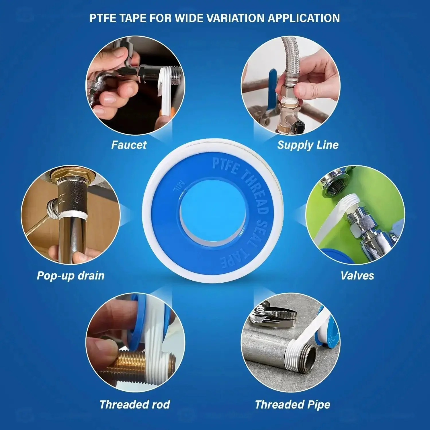 Leak Proof PTFE Thread Seal Tape Set Three Quarters Inch By Five Hundred Twenty Inches Ten Rolls High Density Plumbing Tape For Shower Heads Faucets Pipes And Gas Lines Water Sealant - Image 2