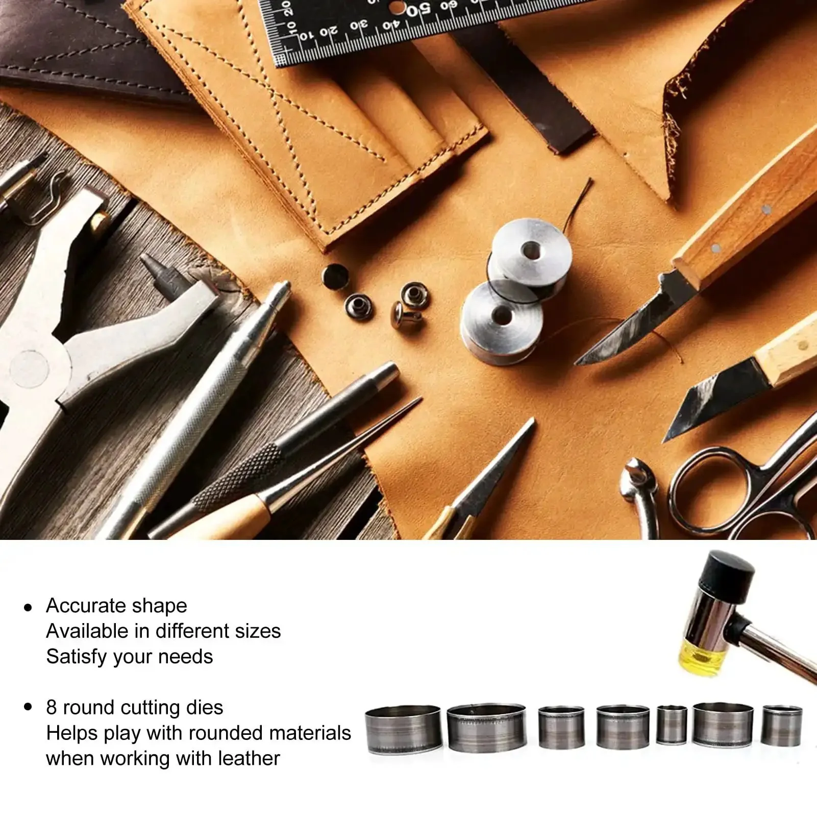 Leather Circle Cutter Set For Diy Projects 8 Piece Hollow Punch Kit 25mm To 60mm Alloy Steel Leather Cutting Dies Tough As Nails Punch Tool For Crafting And Leatherwork - Image 7