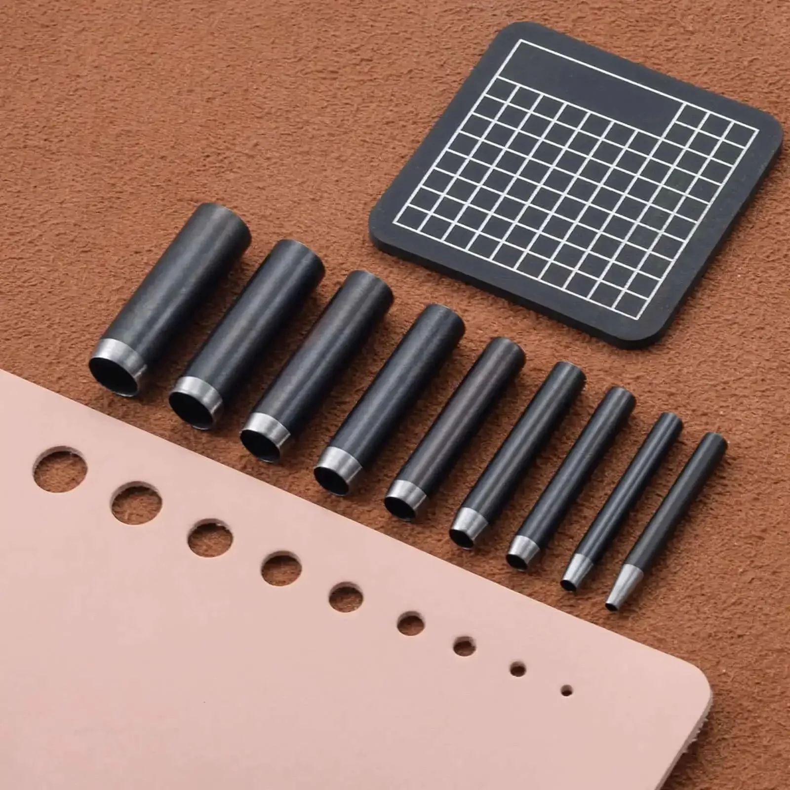 Leather Circle Cutter Set With 10 Round Punch Tools And High Carbon Steel Dies For Precise DIY Leathercraft Cuts 2mm To 10mm Size Range 40mm Height Pro Grade Durable Leatherworking Kit