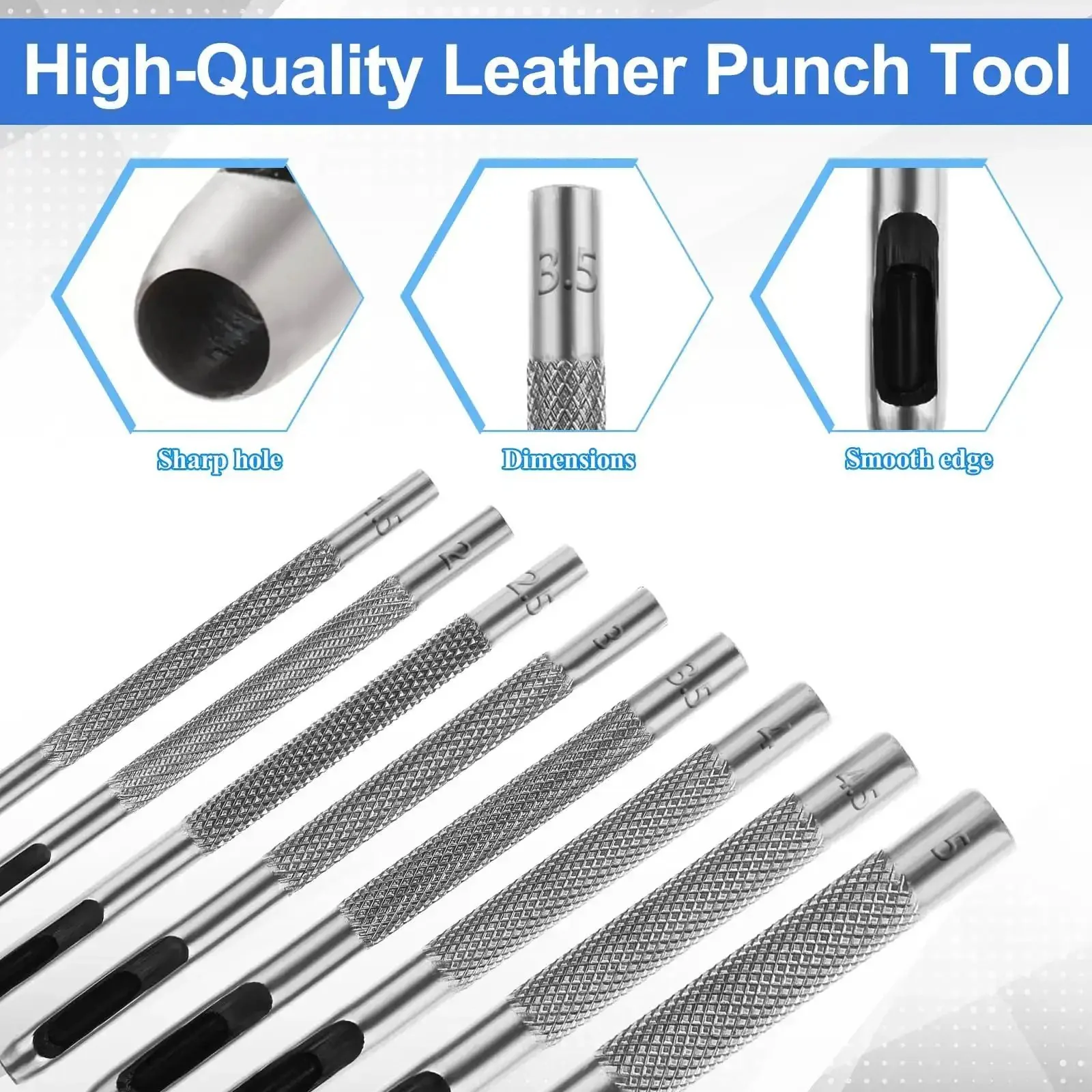 Leather Hole Punch Set 1.5mm-5mm For Belts And Leather Crafting, Round Hollow Punches, Pro Grade 45 Steel, Rust-Resistant And Sharp For Precise Holes, DIY Belt Watch Band Gasket Punch Kit - Image 6