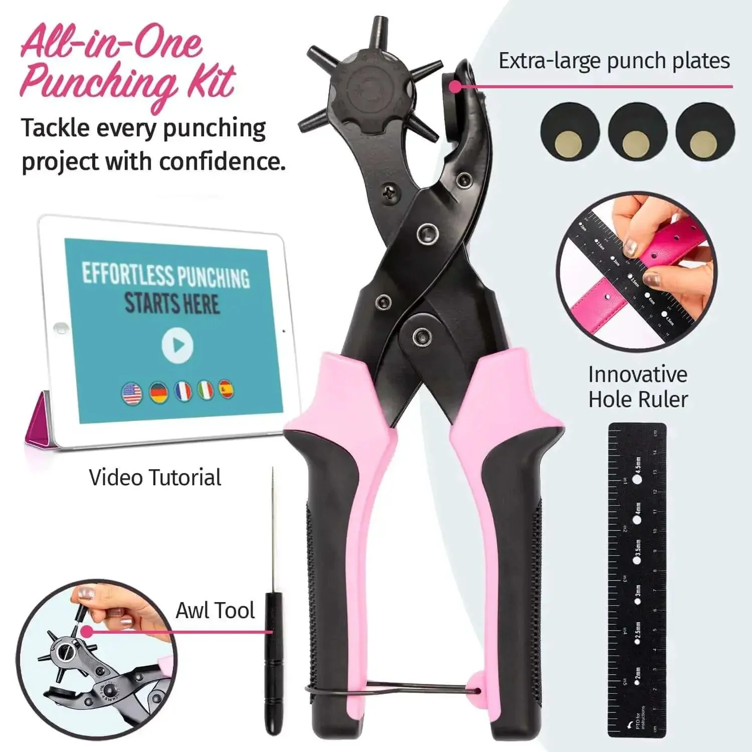 Leather Hole Punch Tool For Belts And Fabric Up To 5mm Thick, Multi Size Puncher For DIY Craft And Home Projects, Heavy Duty With Double Leverage For Smooth, Less Strain Punches, Comfortable For Small Hands, Pink - Image 2