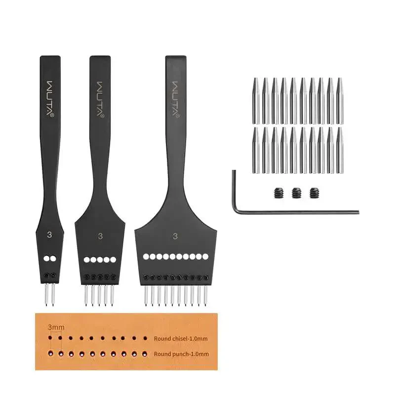 Leather Stitching Punch Set With Removable Hole Heads For DIY Leather Craft And Saddle Work 4Cr13 Stainless Steel Pricking Irons Includes Round Hex Diamond Olive Hole Heads Easy Swap Punch Tool For Precise Holes