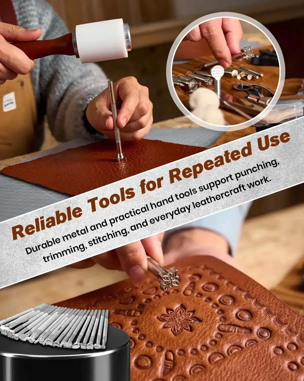 Leather Working Tools Kit Max Version With Custom Handbag Cutting Mats Engraving Punching Sewing Stamping Sanding Tools For Handicraft Work And Repair Portable Leather Workshop - Image 4