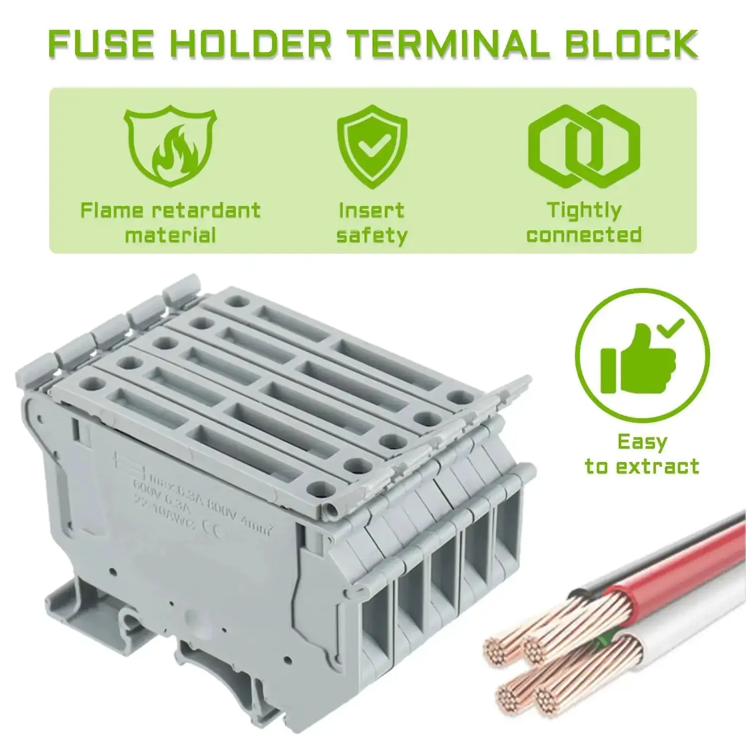LED Indication Fuse Holder Terminal Block For DIN Rail 24V DC Screw Clamp With Universal Mounting Feet 6 Pack Grey Heavy Duty Pro Grade 6.3A 800V Rated Fits 5x20 5x25 6x30 Fuses PA66 Flame Retardant - Image 2