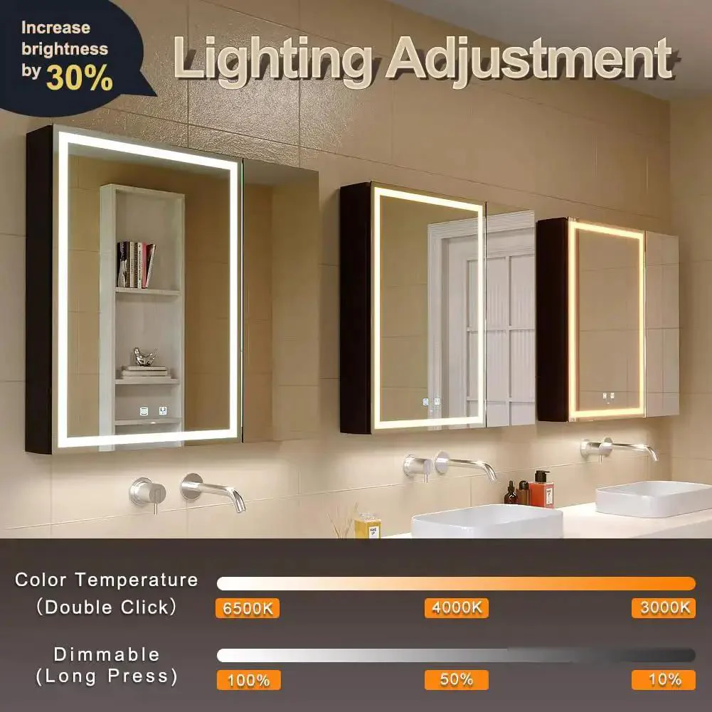 LED Lighted Bathroom Medicine Cabinet With Backlit Panel, USB Sockets, Anti Fog, Dimmable 3 Color Light Makeup Mirror, Wall Mounted, Easy Install, Inner Glow Two Door Cabinet 30 By 28 Inches - Image 7