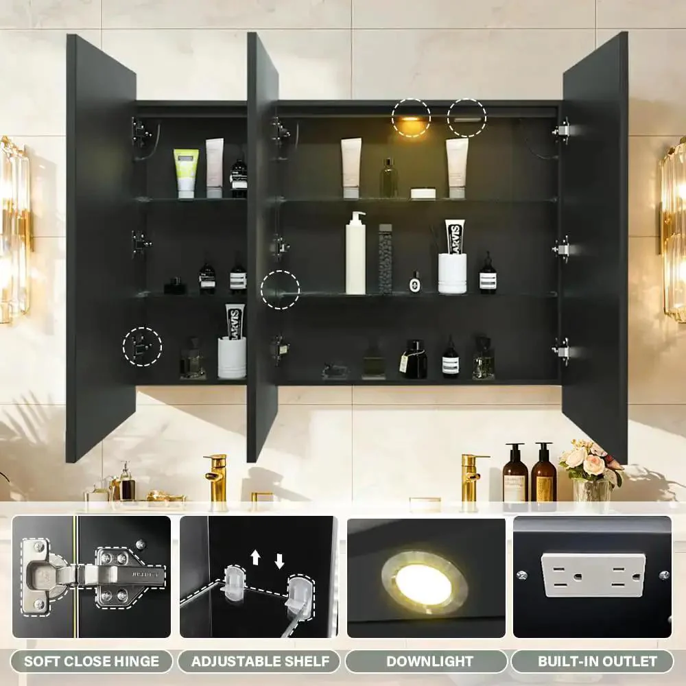 LED Medicine Cabinet 48 By 32 Inch With Demister, Dimmable Interior Lighting, Three Color Temperature, USB Shaver Socket, Detachable Side Panels For Recessed Or Surface Mount, Recessed Or Wall Mount, Internal Shelves, Easy Installation - Image 4