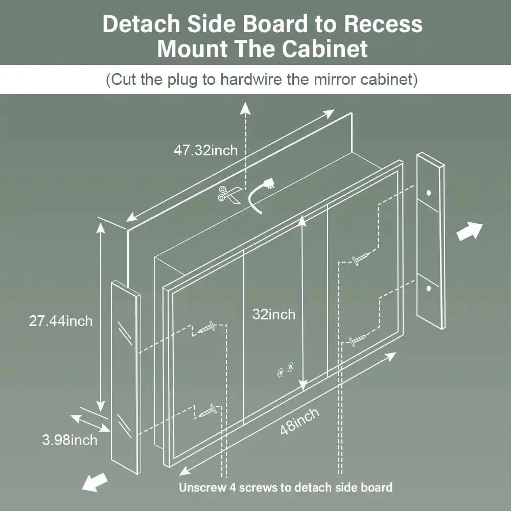 LED Medicine Cabinet 48 By 32 Inch With Demister, Dimmable Interior Lighting, Three Color Temperature, USB Shaver Socket, Detachable Side Panels For Recessed Or Surface Mount, Recessed Or Wall Mount, Internal Shelves, Easy Installation - Image 7