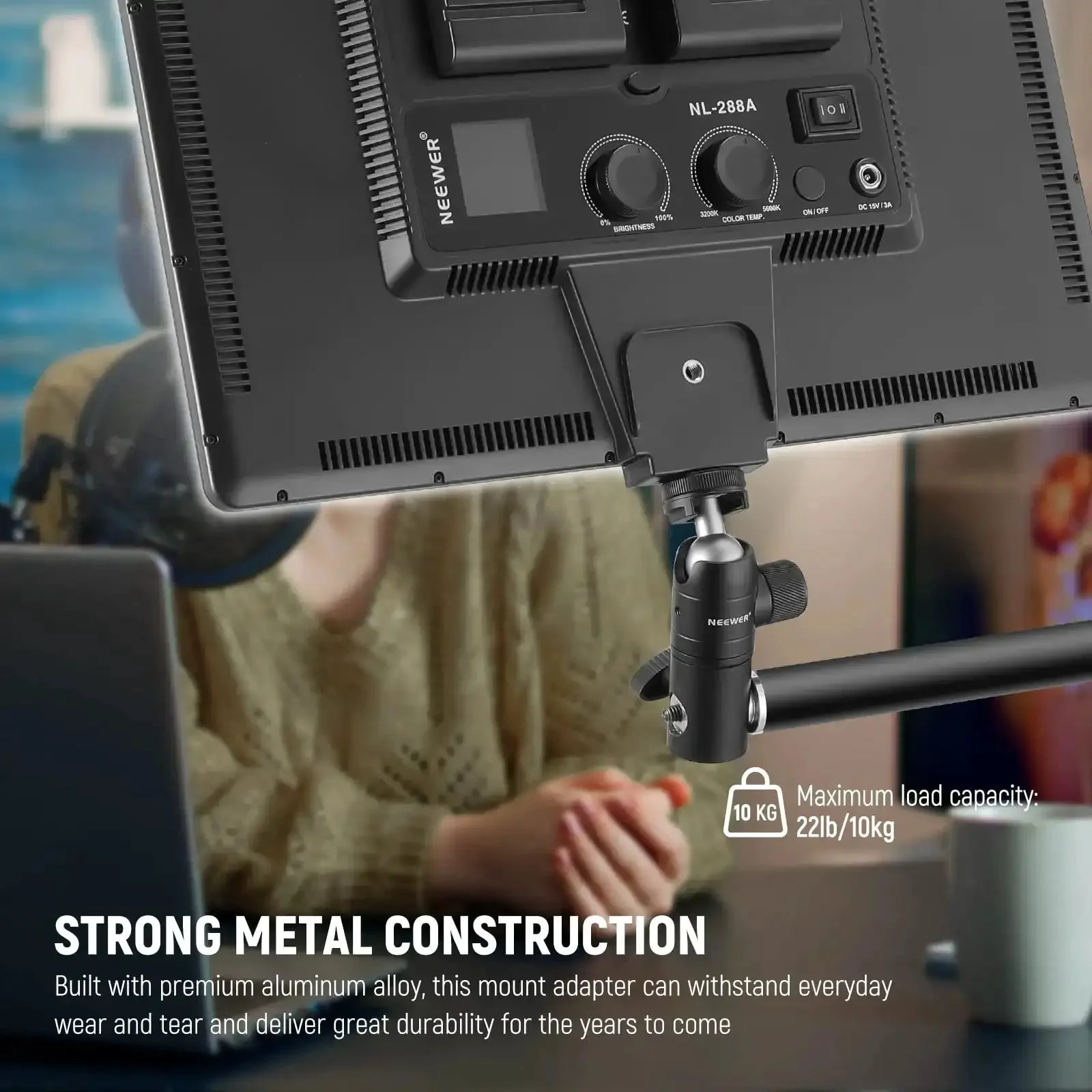 Light Stand Mount Adapter With Cold Shoe And Quarter Inch Screw Mini Ball Head, Reversible Mounting Plate For Camera Monitors, Ring Lights, And More, Fits Flat Head Stands, Boom Arms, C Stands, Supports Up To 22Lb - Image 3
