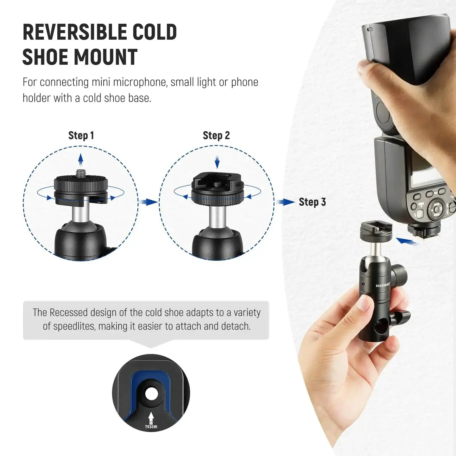 Light Stand Mount Adapter With Cold Shoe And Quarter Inch Screw Mini Ball Head, Reversible Mounting Plate For Camera Monitors, Ring Lights, And More, Fits Flat Head Stands, Boom Arms, C Stands, Supports Up To 22Lb - Image 5